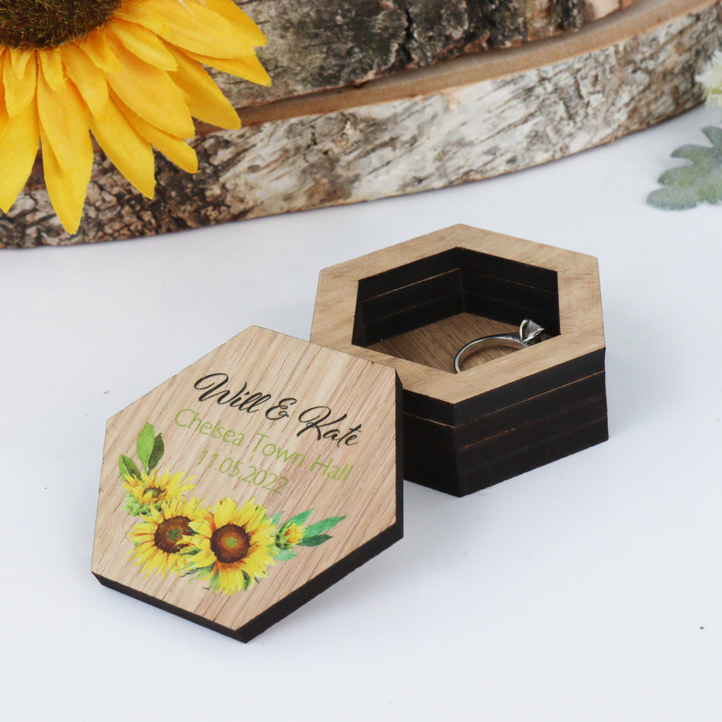 Personalised Wooden Wedding Ring Box Sunflower