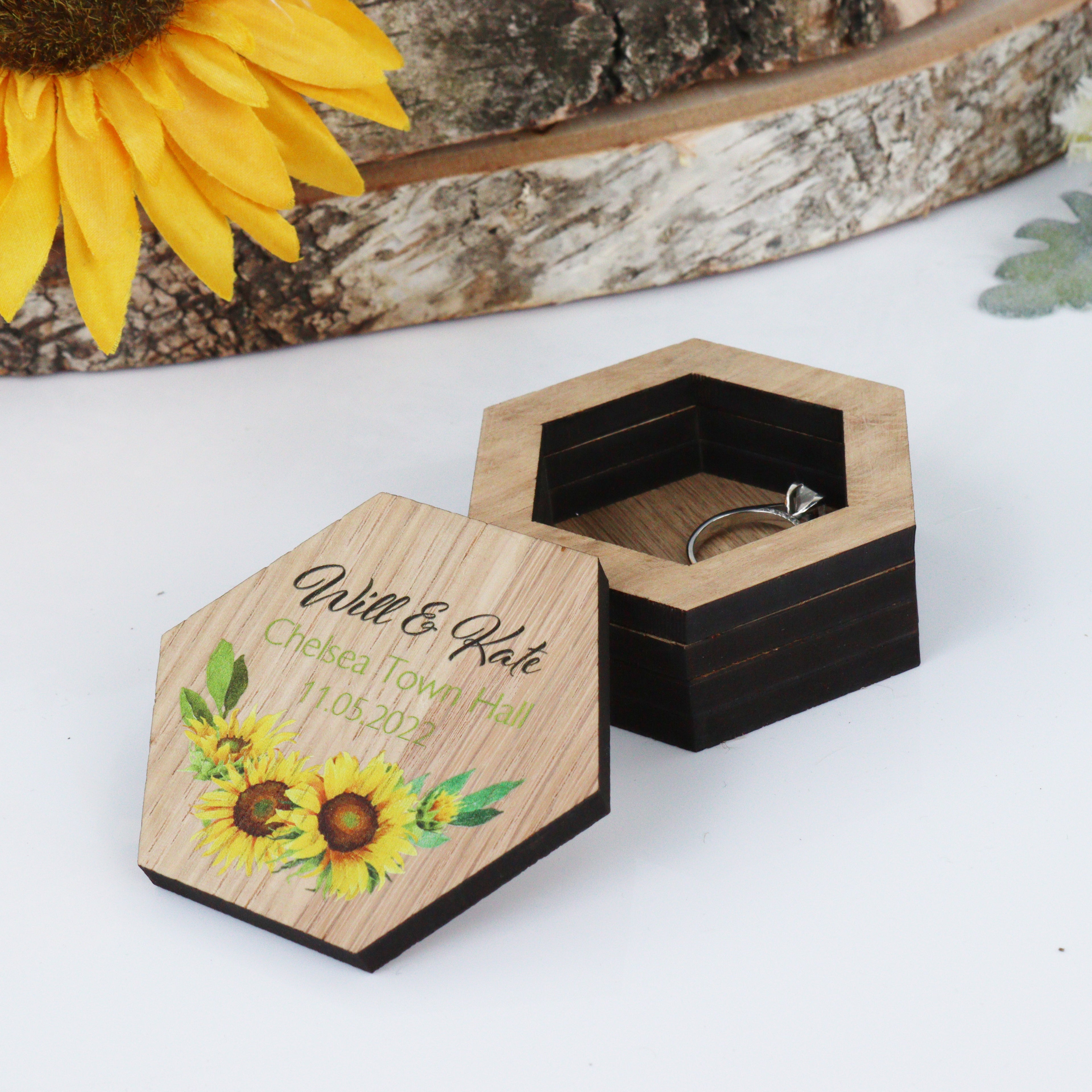 Personalised Wooden Wedding Ring Box Sunflower
