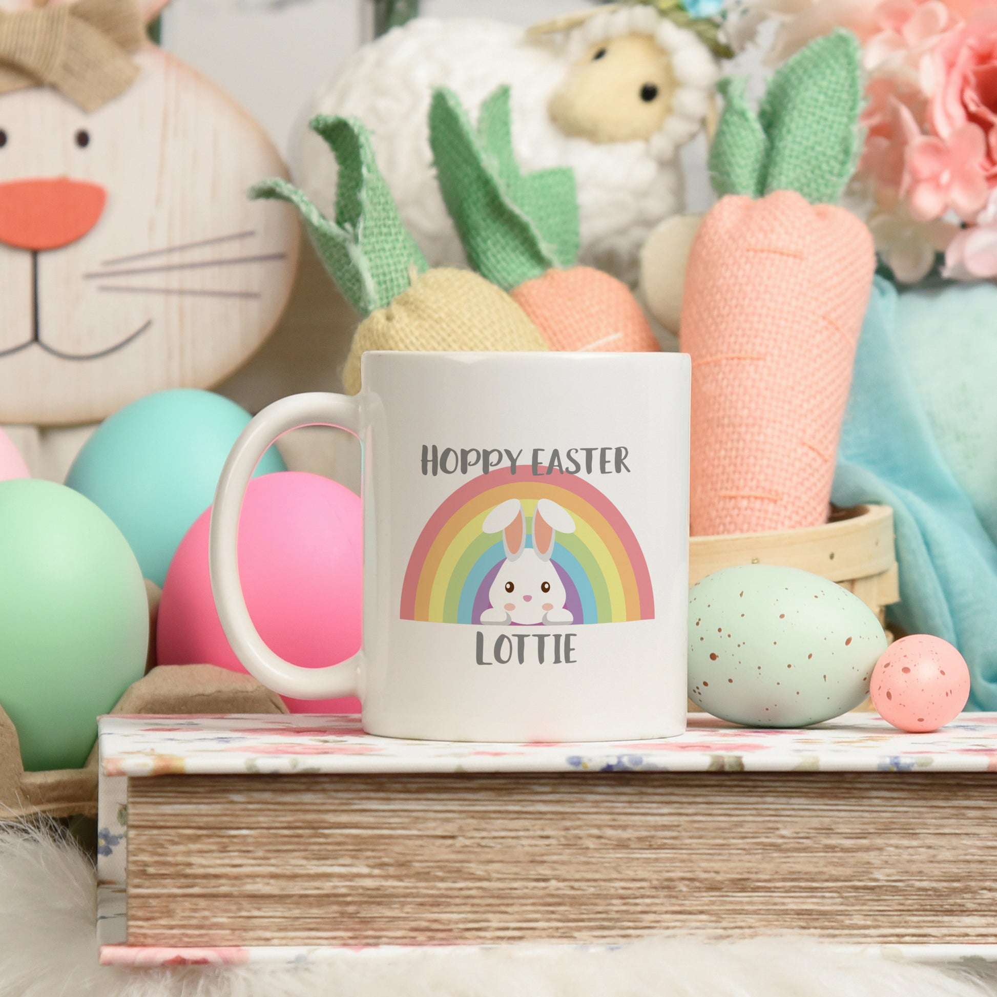 personalised easter mug white mug with rainbow and bunny design