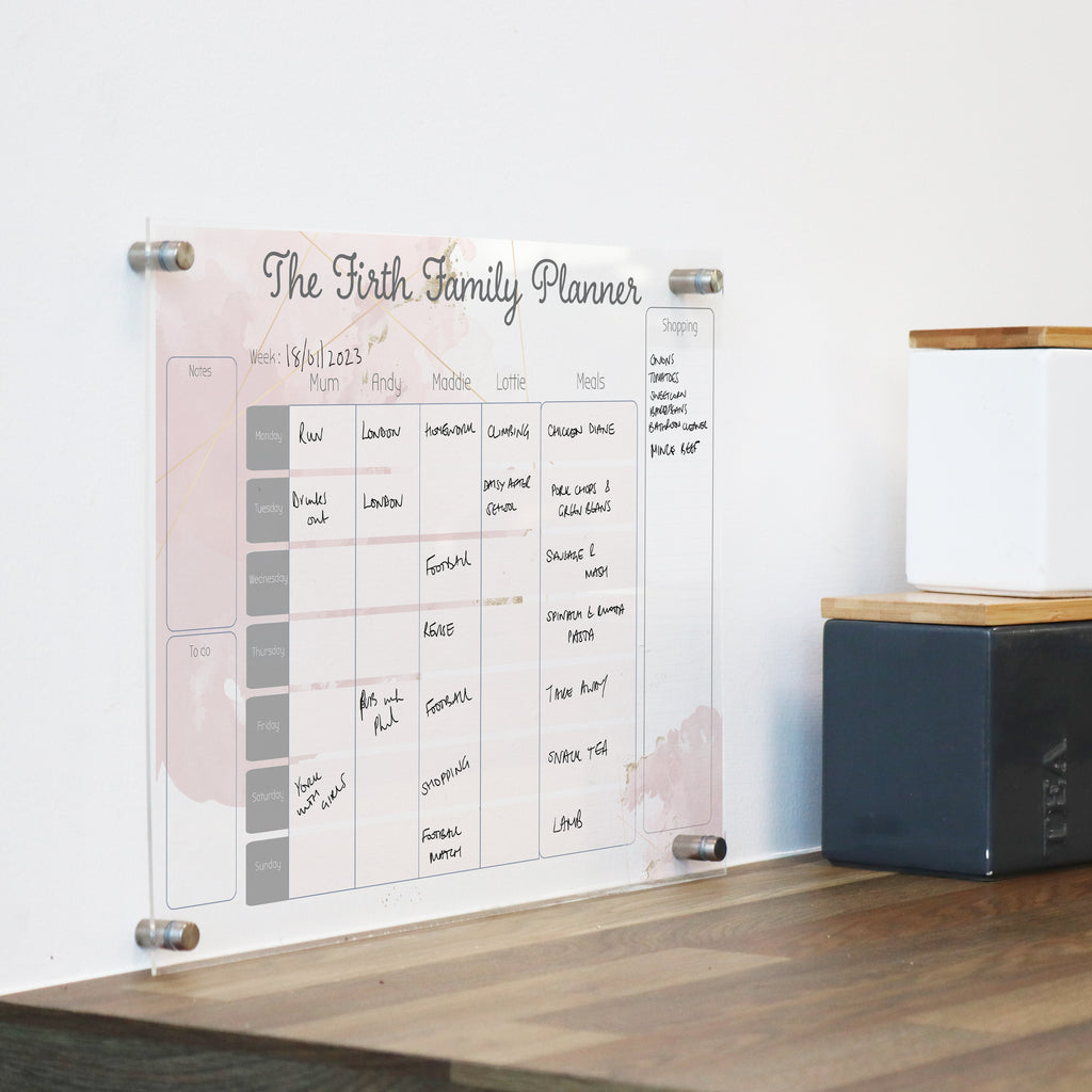 personalised family activity planner meal planner family organiser wipe clean gold and rose