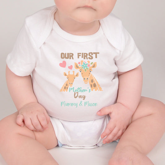 personalised first mothers day baby grow with giraffe design with name of child and mummy