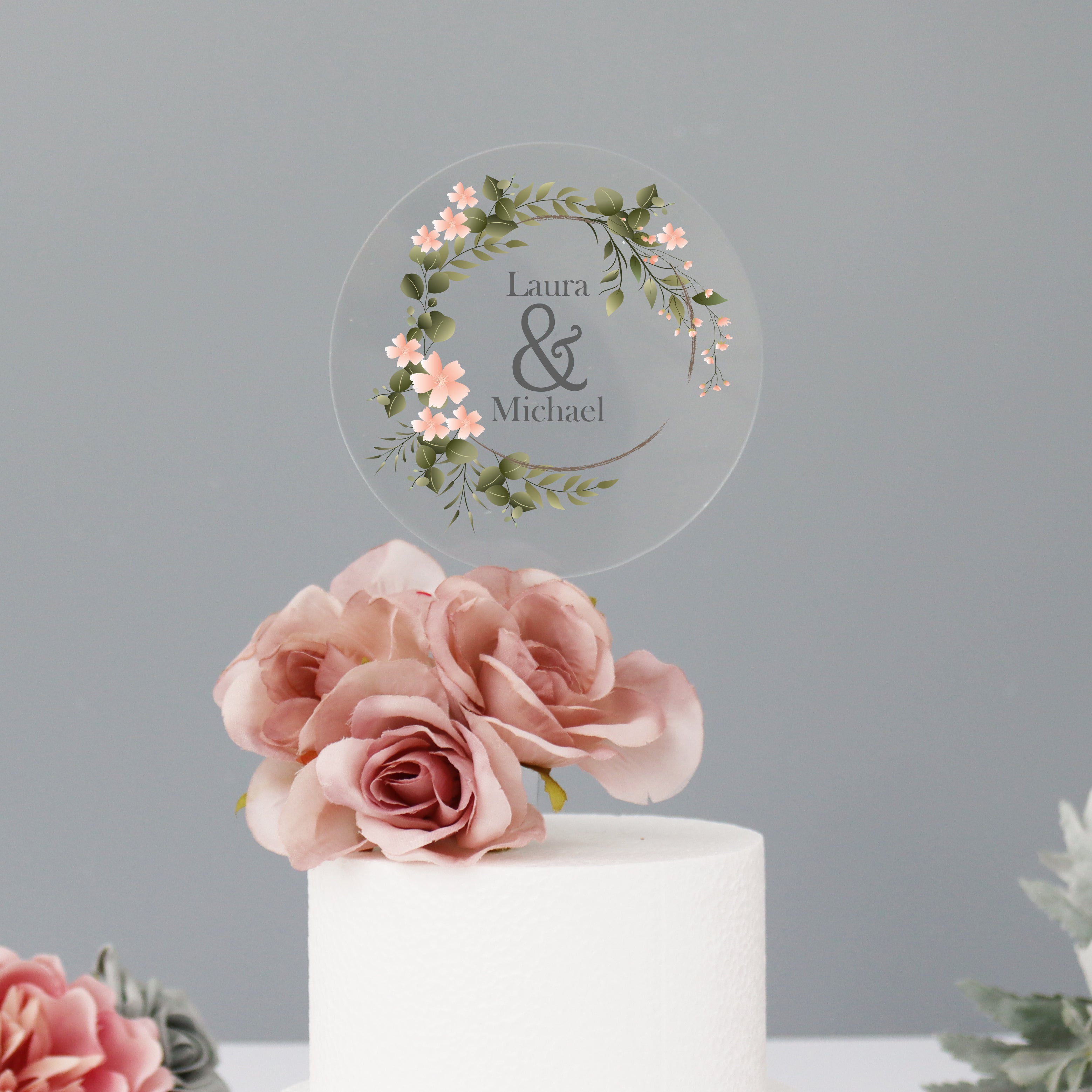 Personalised Wedding Cake Topper With Pink Flowers