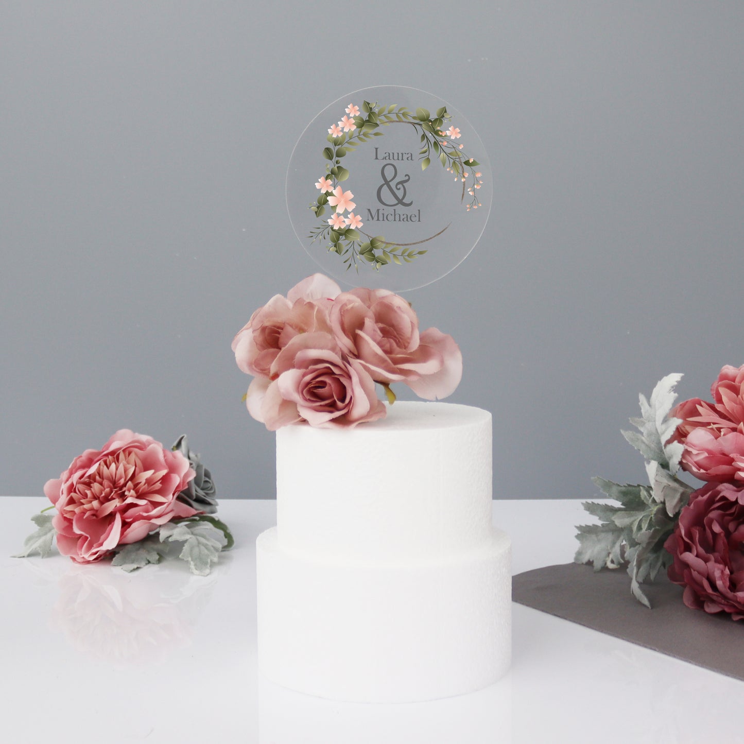 Personalised Wedding Cake Topper With Pink Flowers