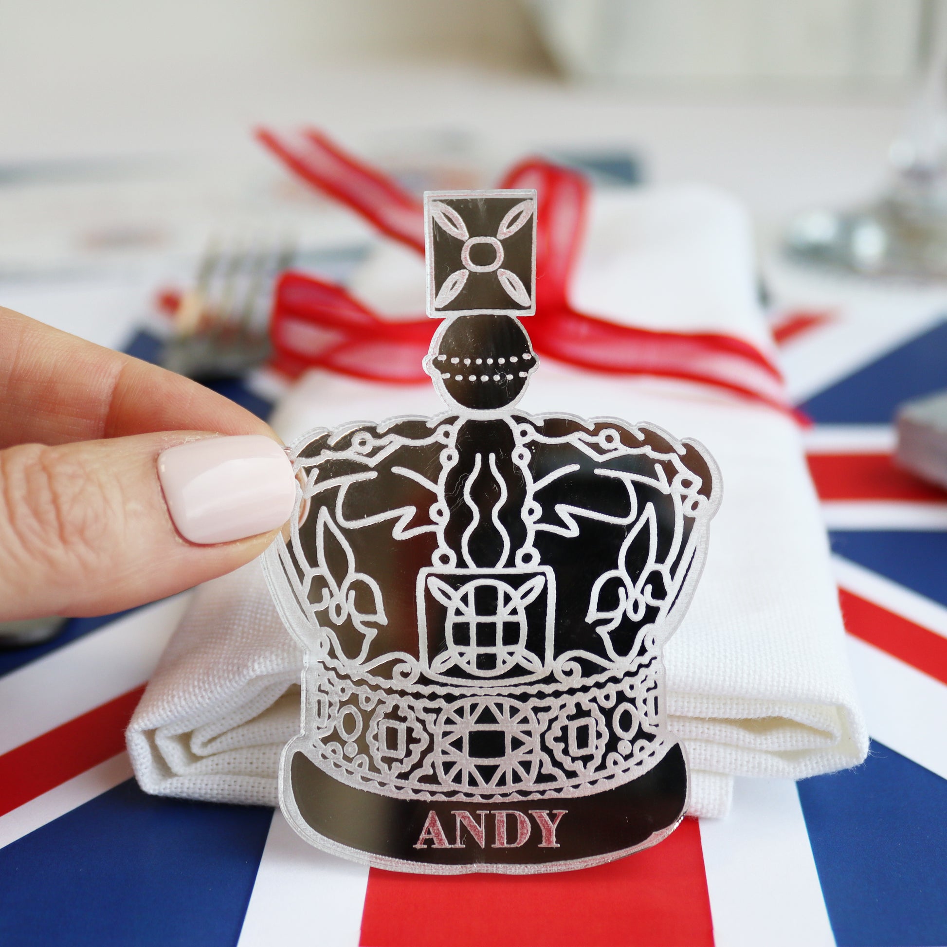 personalised silver crown place setting cut from silver acrylic