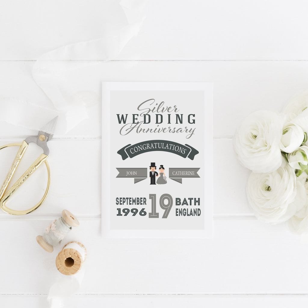 Personalised silver wedding anniversary card showing custom wedding details