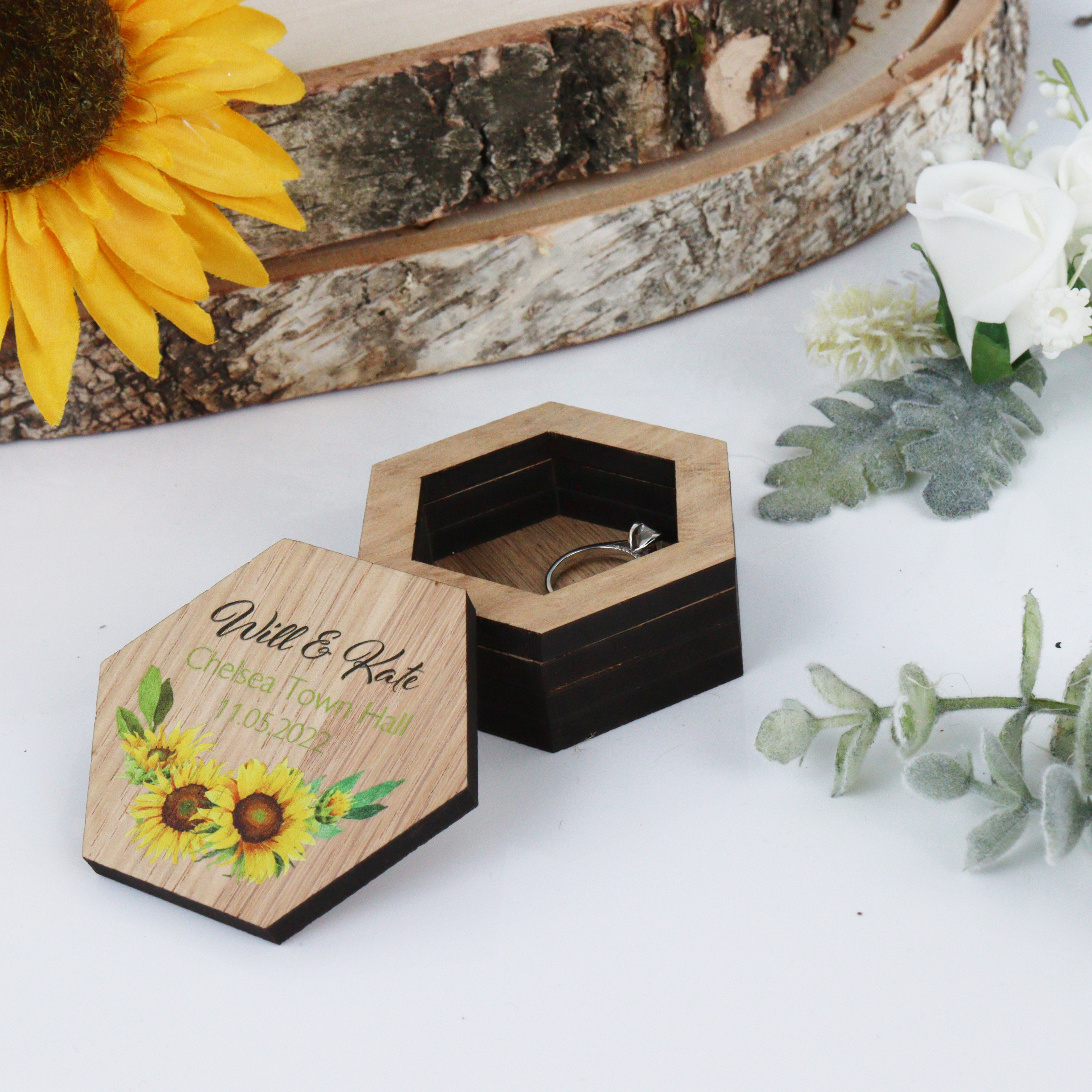 Personalised Wooden Wedding Ring Box Sunflower