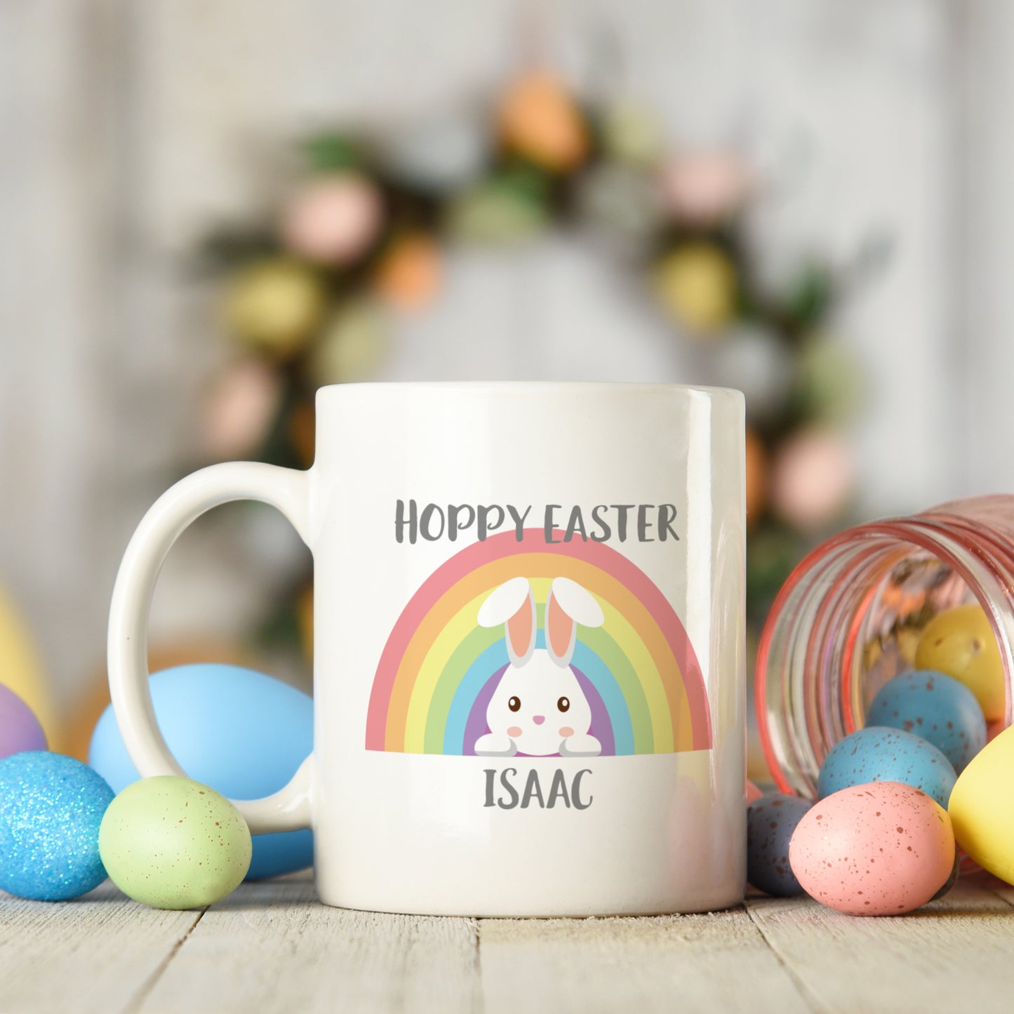 personalised white easter mug with rainbow and bunny design