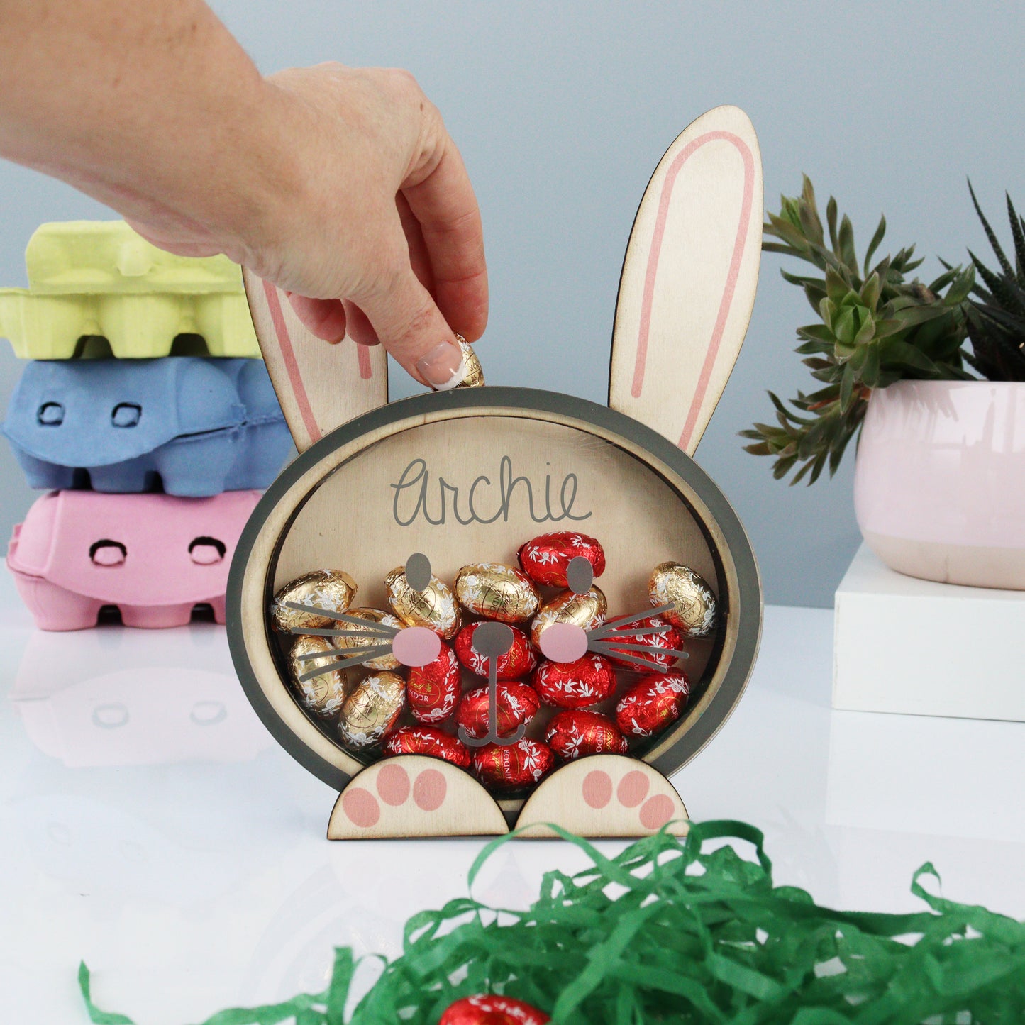 Personalised Wooden Easter Bunny With Gold Foiled Eggs