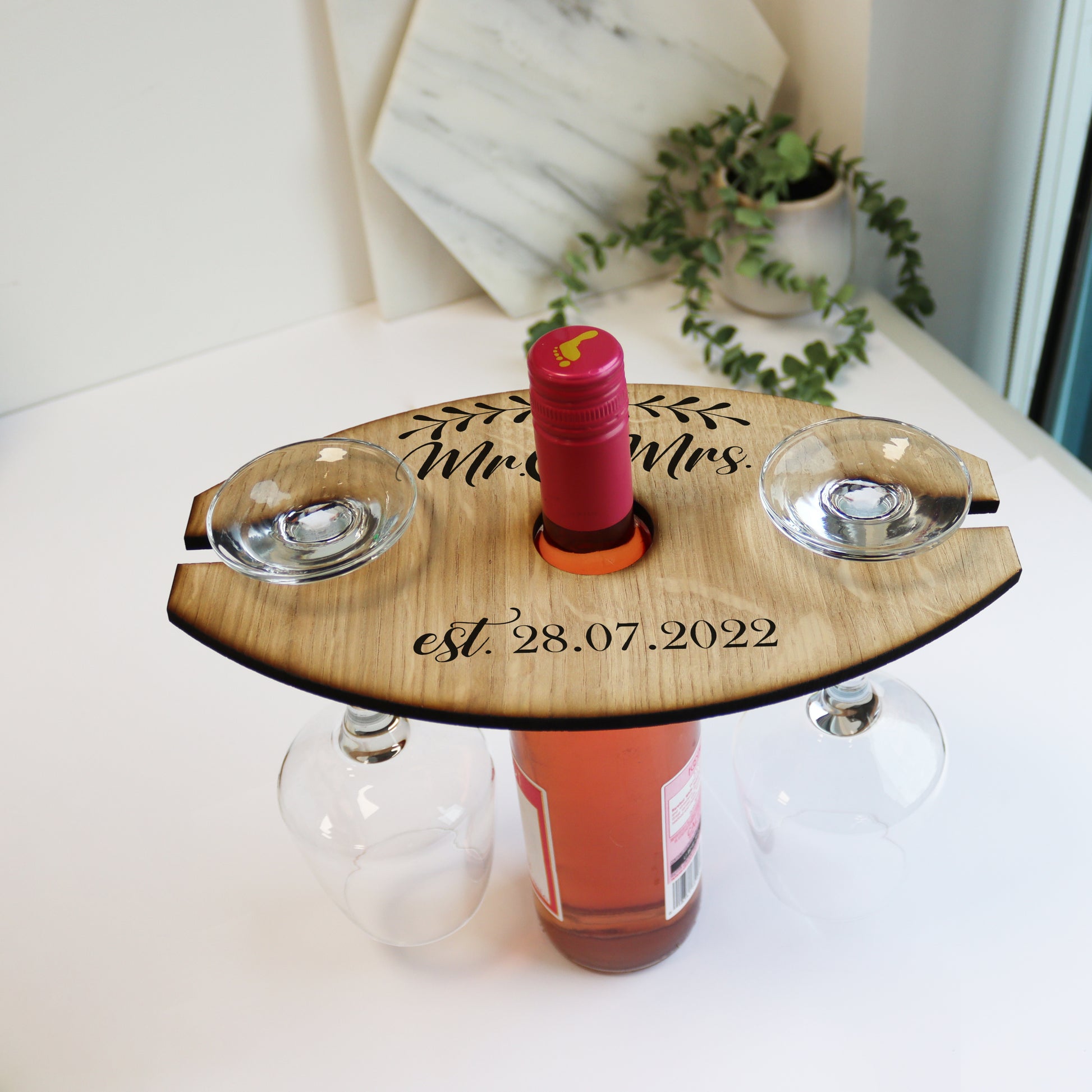 personalised wooden wine butler for wine bottle and wine glasses wooden 5th wedding anniversary gift