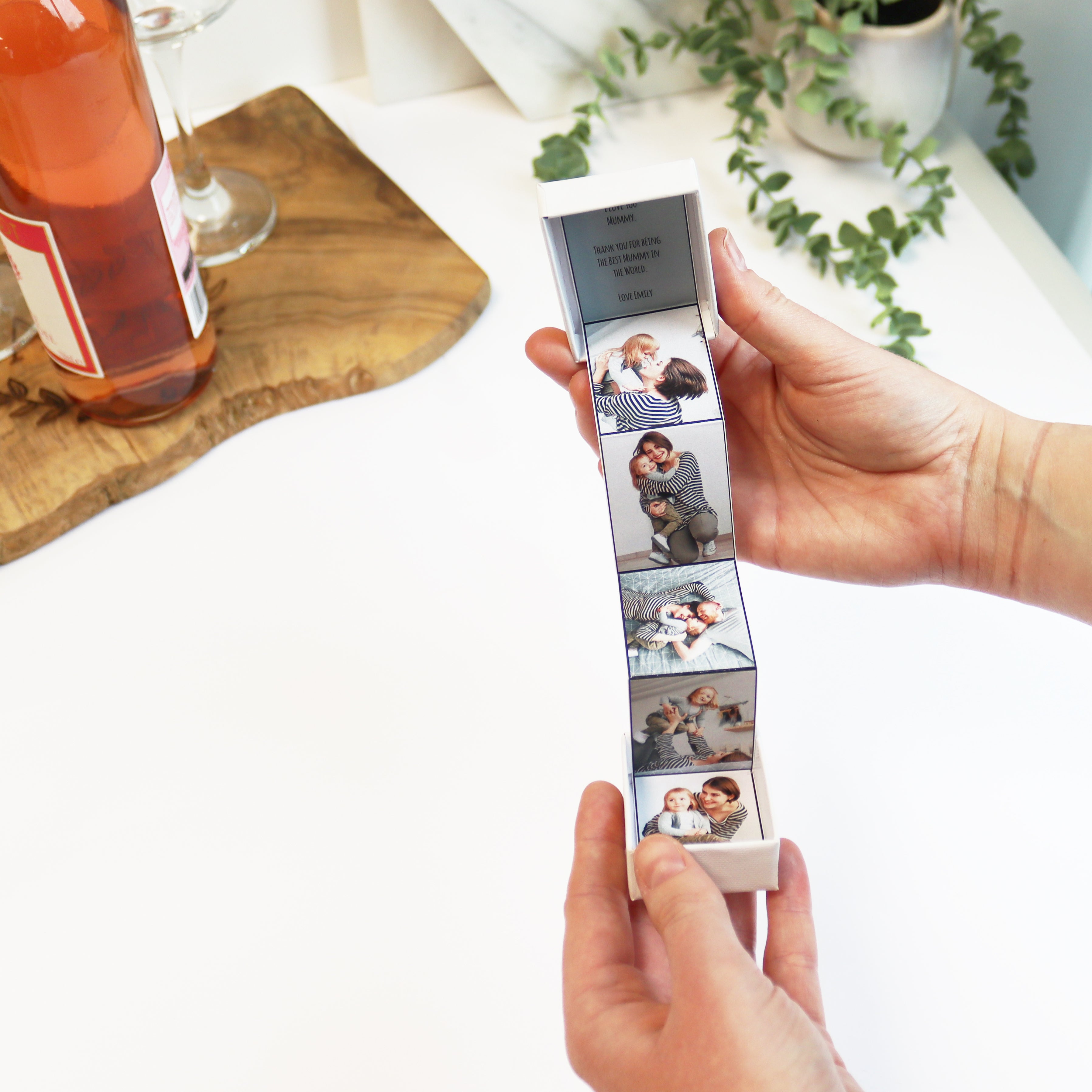 photo pop out box with personalised printed box and 6 photos and one message