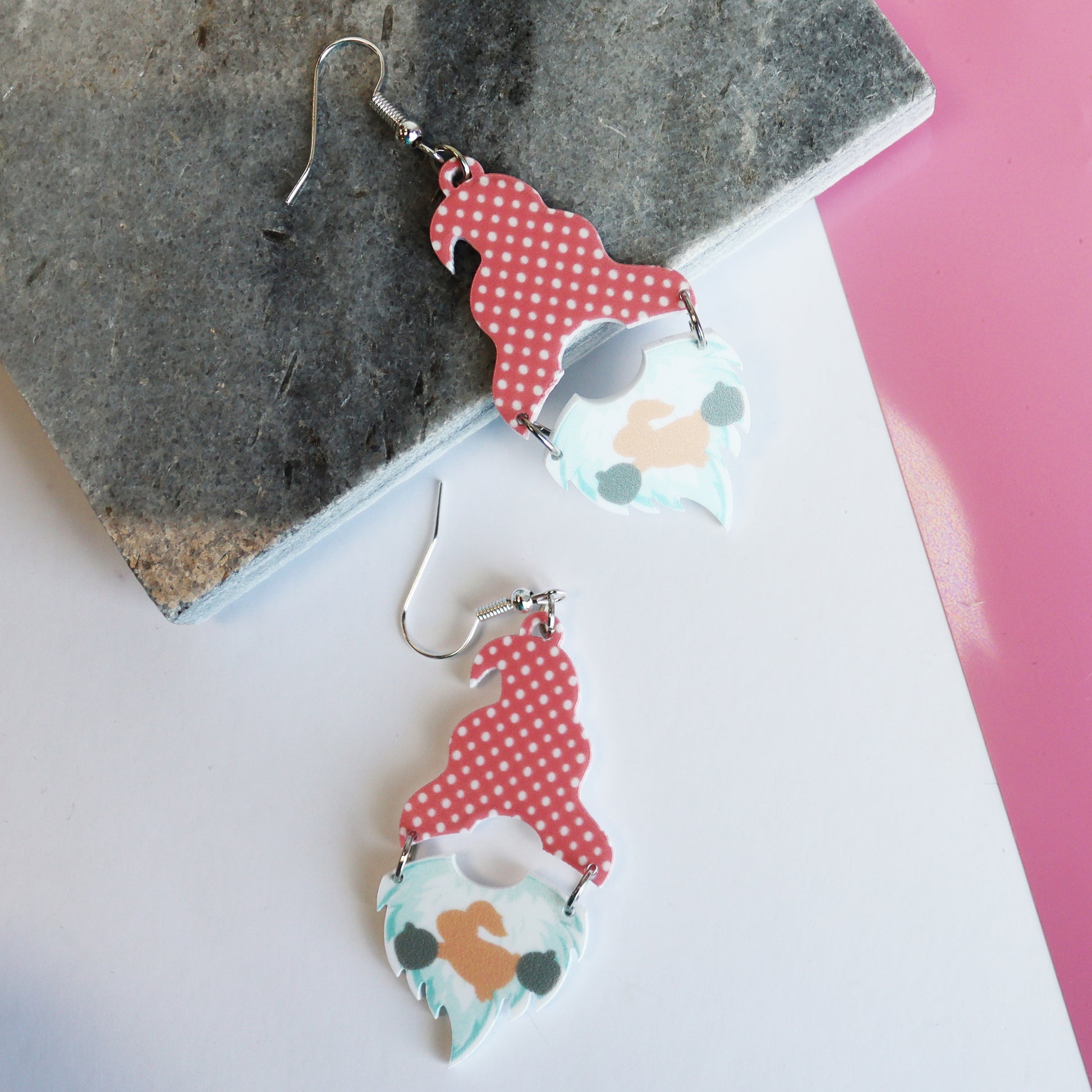 pink gnome dangly pastel easter earrings