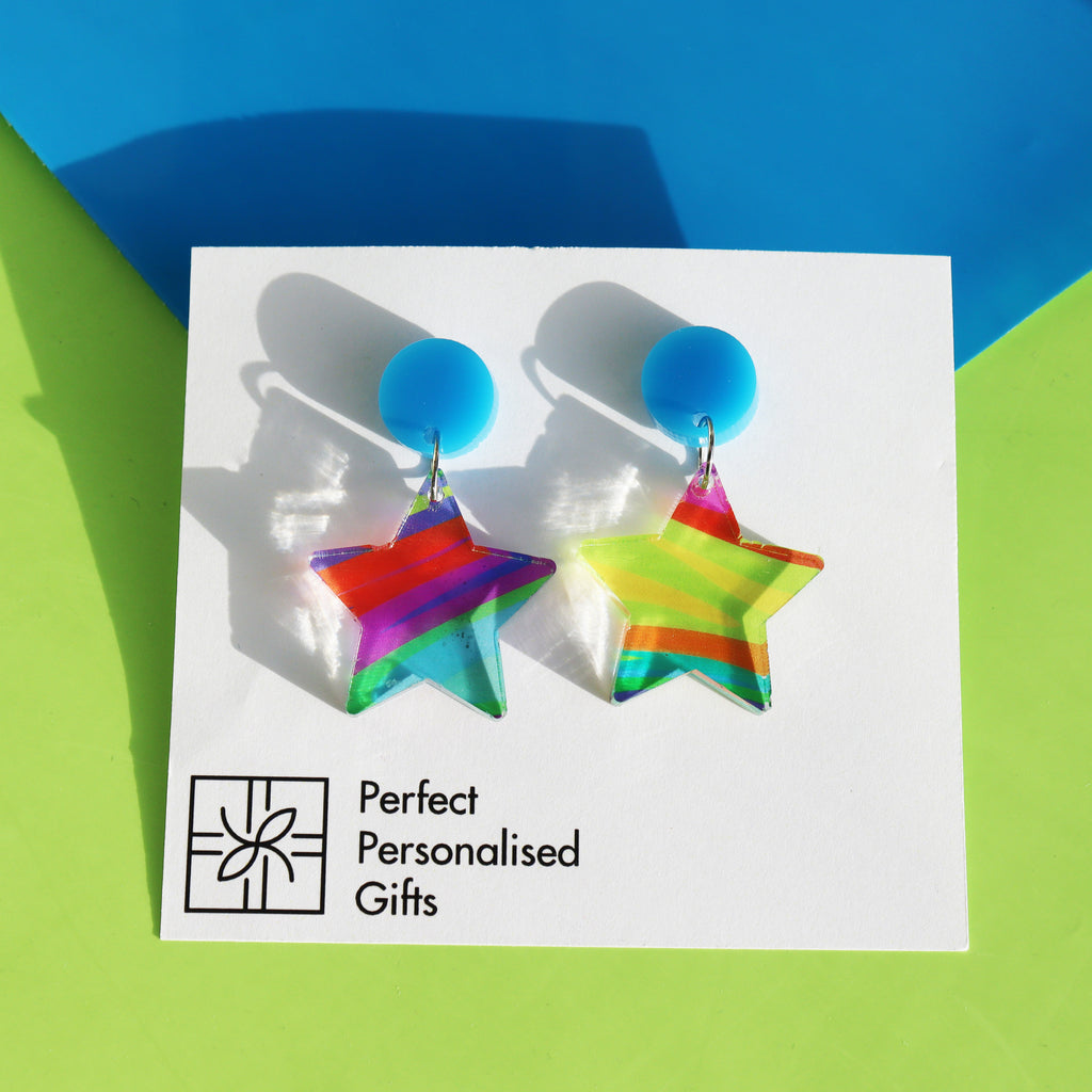 printed acrylic colourful mismatch earrings each one is different