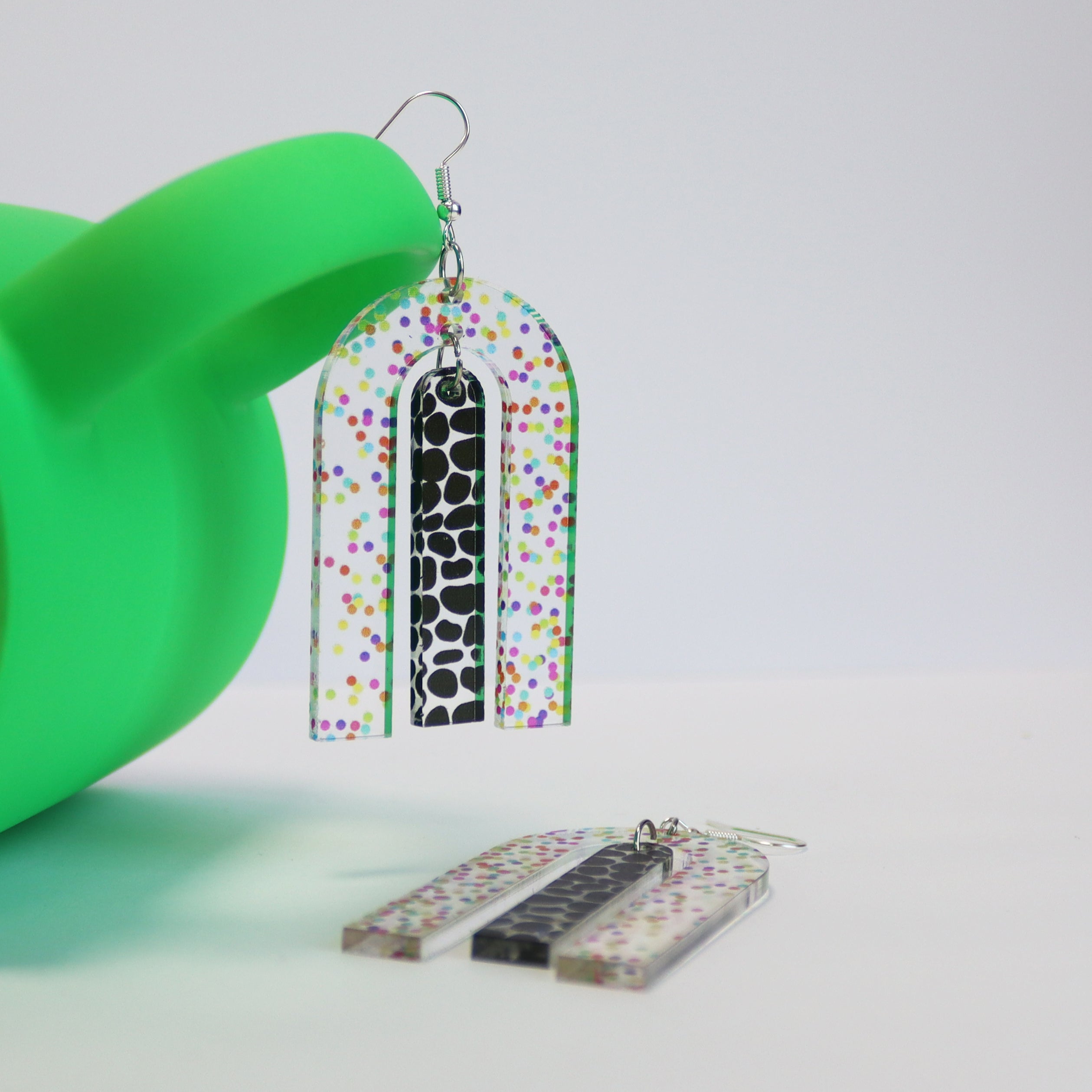 printed geometric acrylic colourful earrings acrylic modern contemporary statement earrings acrylic jewellery bright modern jewellery