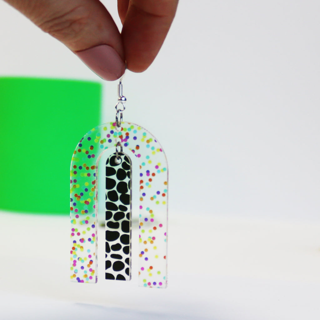 printed modern bright geometric acrylic statement dangly earrings modern large earrings