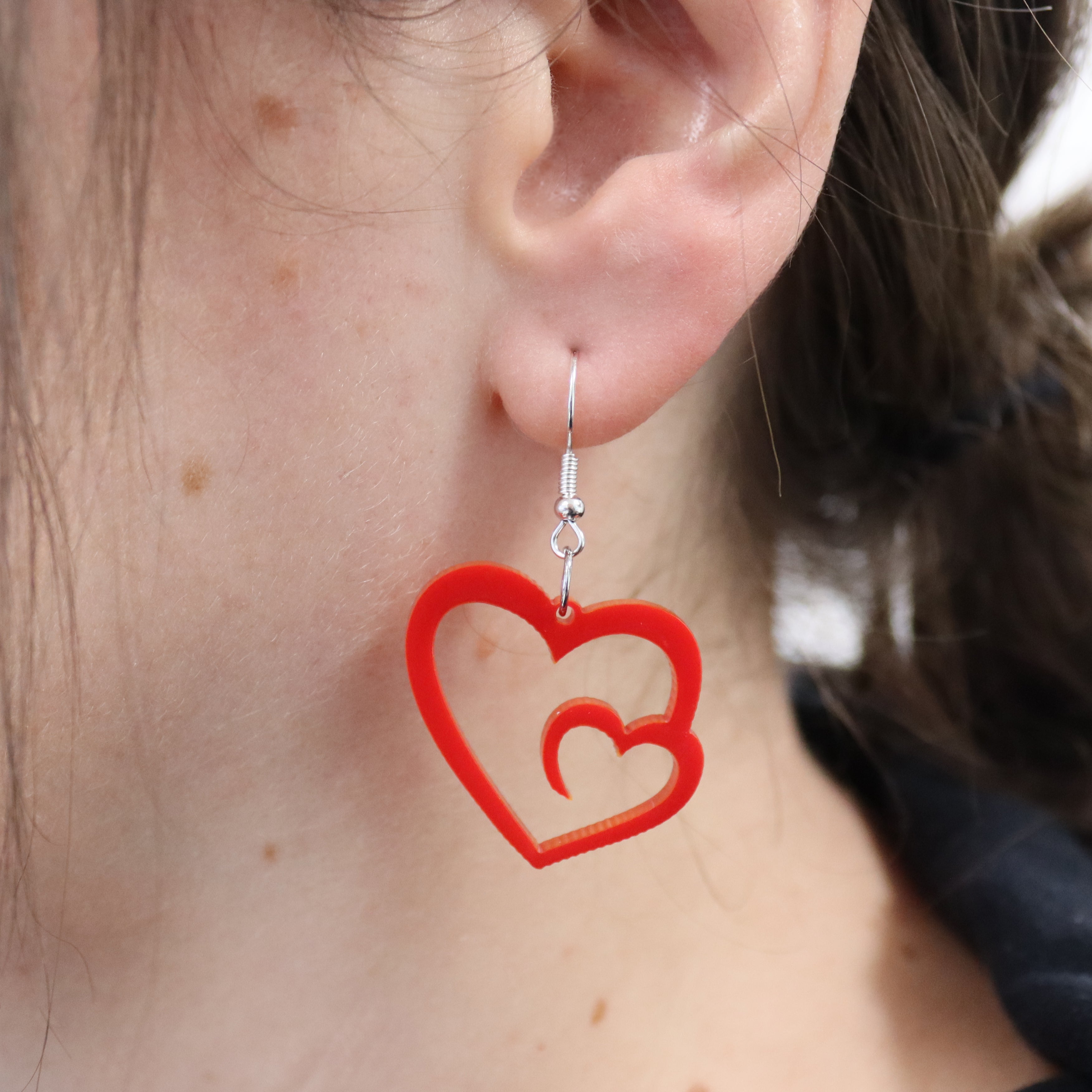 F U Double Heart Dangle Earrings Red Mirror Acrylic | Sleepy Mountain