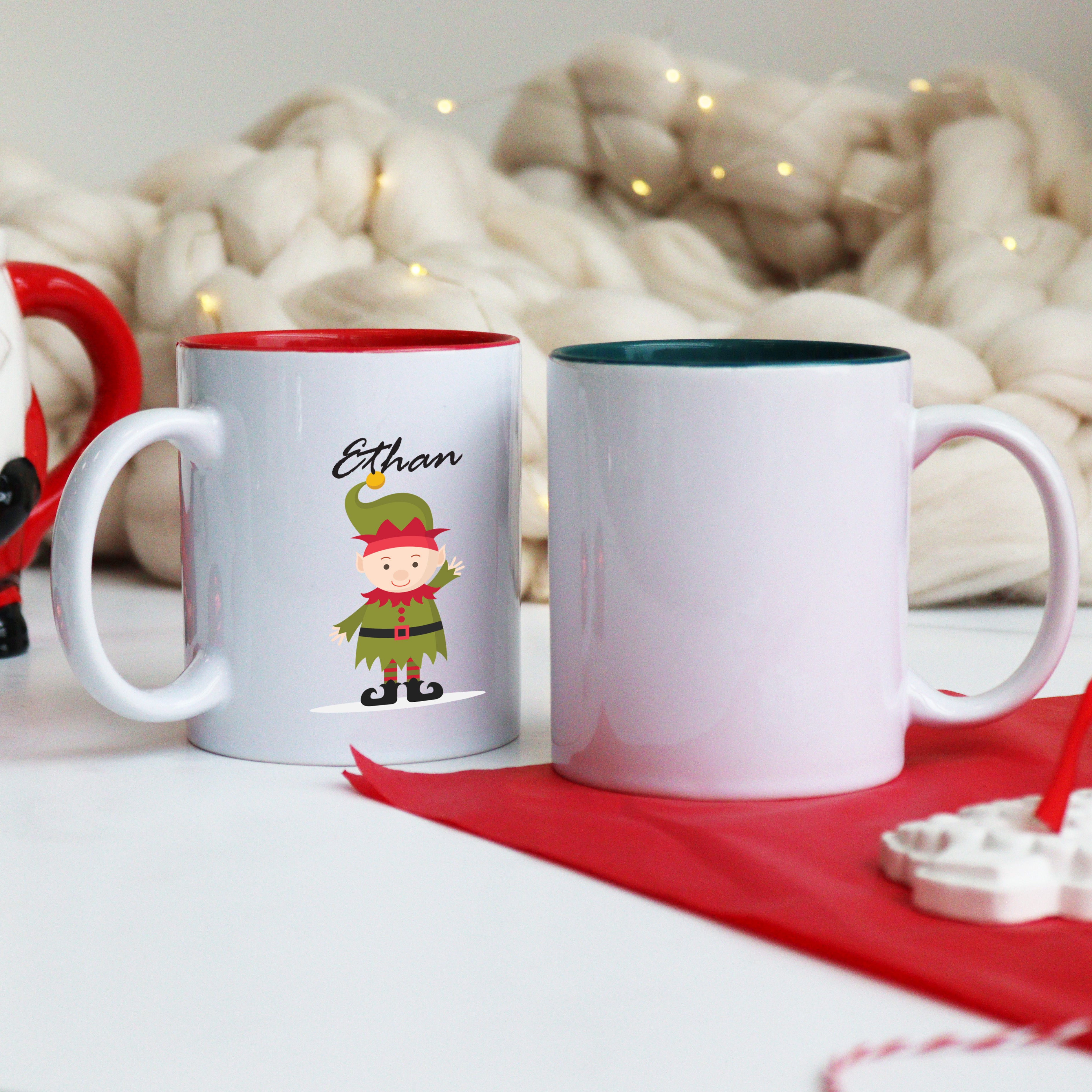Personalised Christmas mug with festive character design and custom name, available in red or green colour options