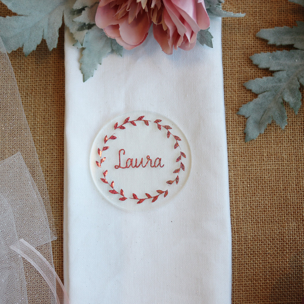 clear acrylic rose gold irridescent glitter bespoke handmade name personalised wedding place settings