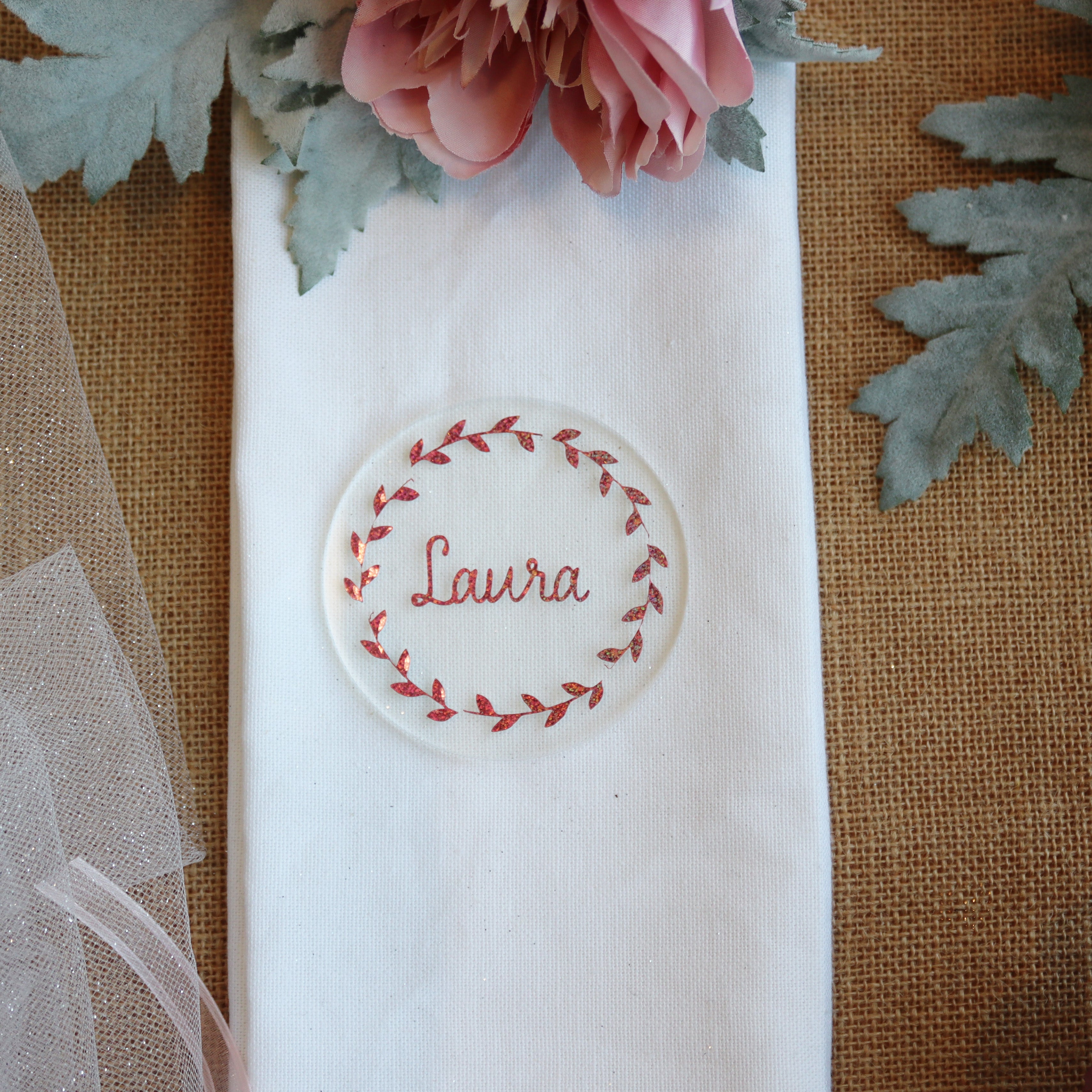 clear acrylic rose gold irridescent glitter bespoke handmade name personalised wedding place settings