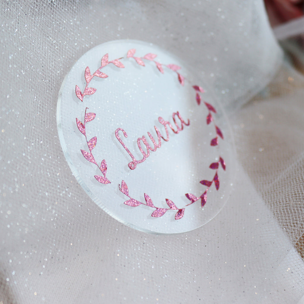 clear acrylic rose gold irridescent glitter bespoke handmade name personalised wedding place settings