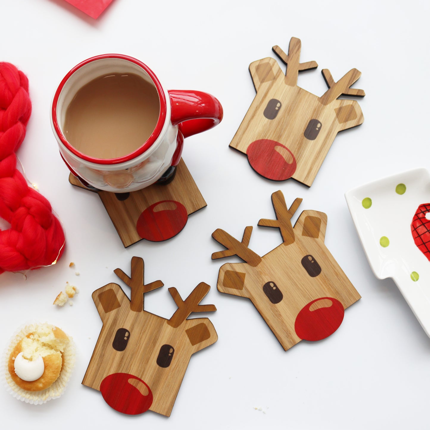 Set Of Four Wooden Rudolph Reindeer Coasters