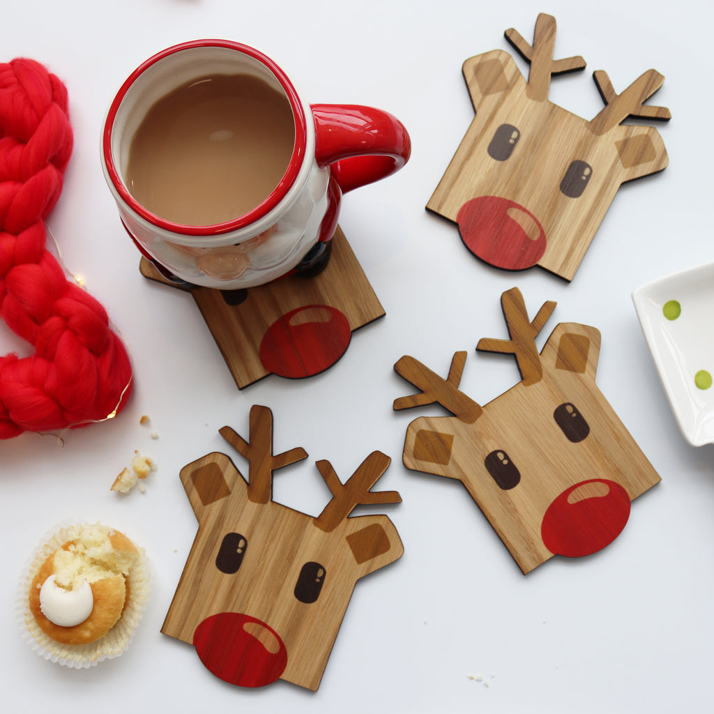 Set Of Four Wooden Rudolph Reindeer Coasters