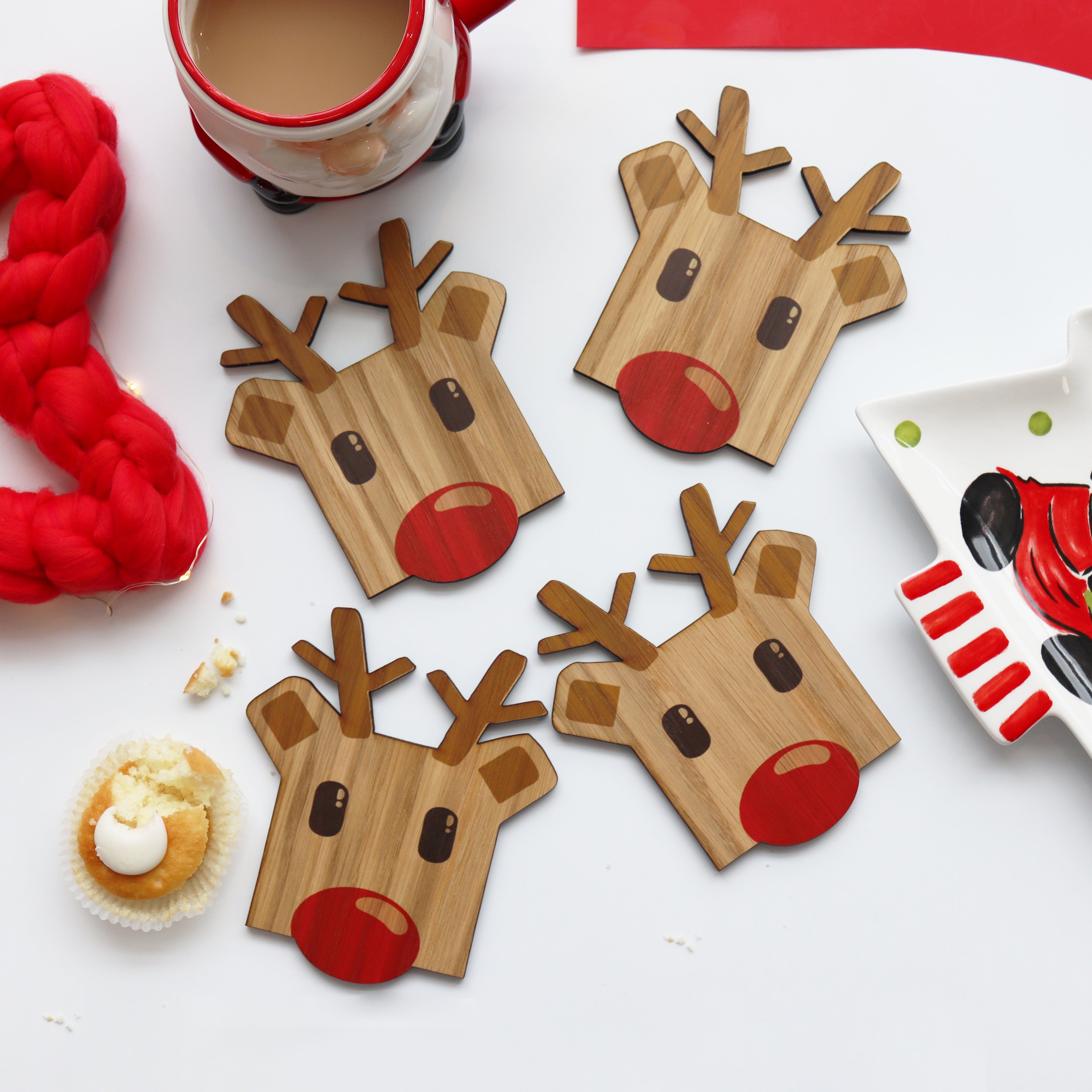 Set Of Four Wooden Rudolph Reindeer Coasters