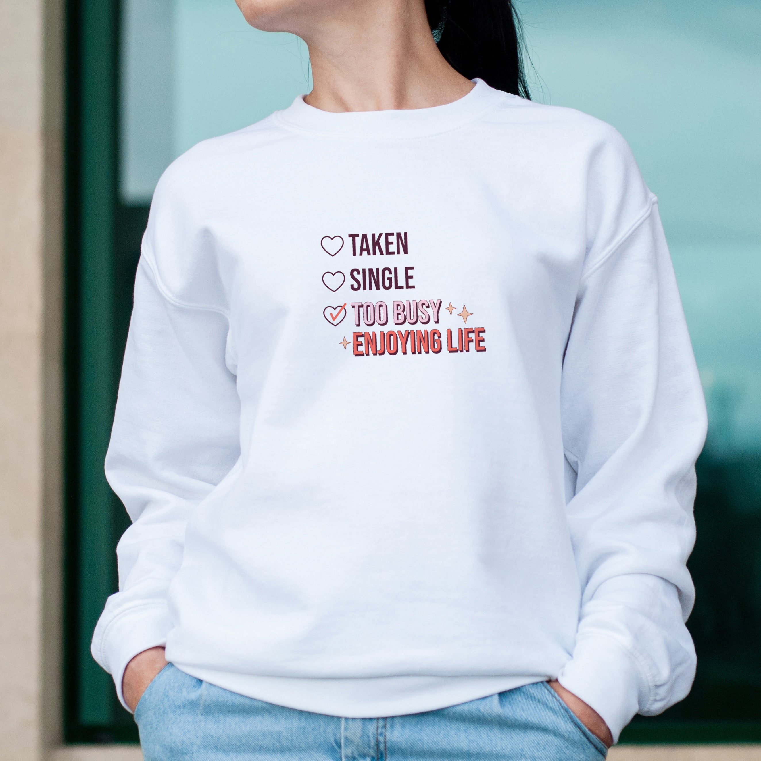 Anti valentine's day white sweatshirt with coloured print on model