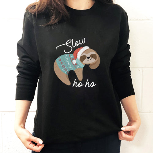Black Christmas jumper with a festive sloth and 'Slow ho ho'