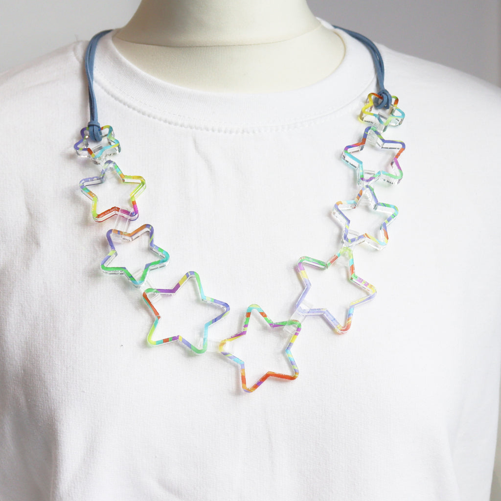 statement large printed acrylic star necklace cut from acrylic close up