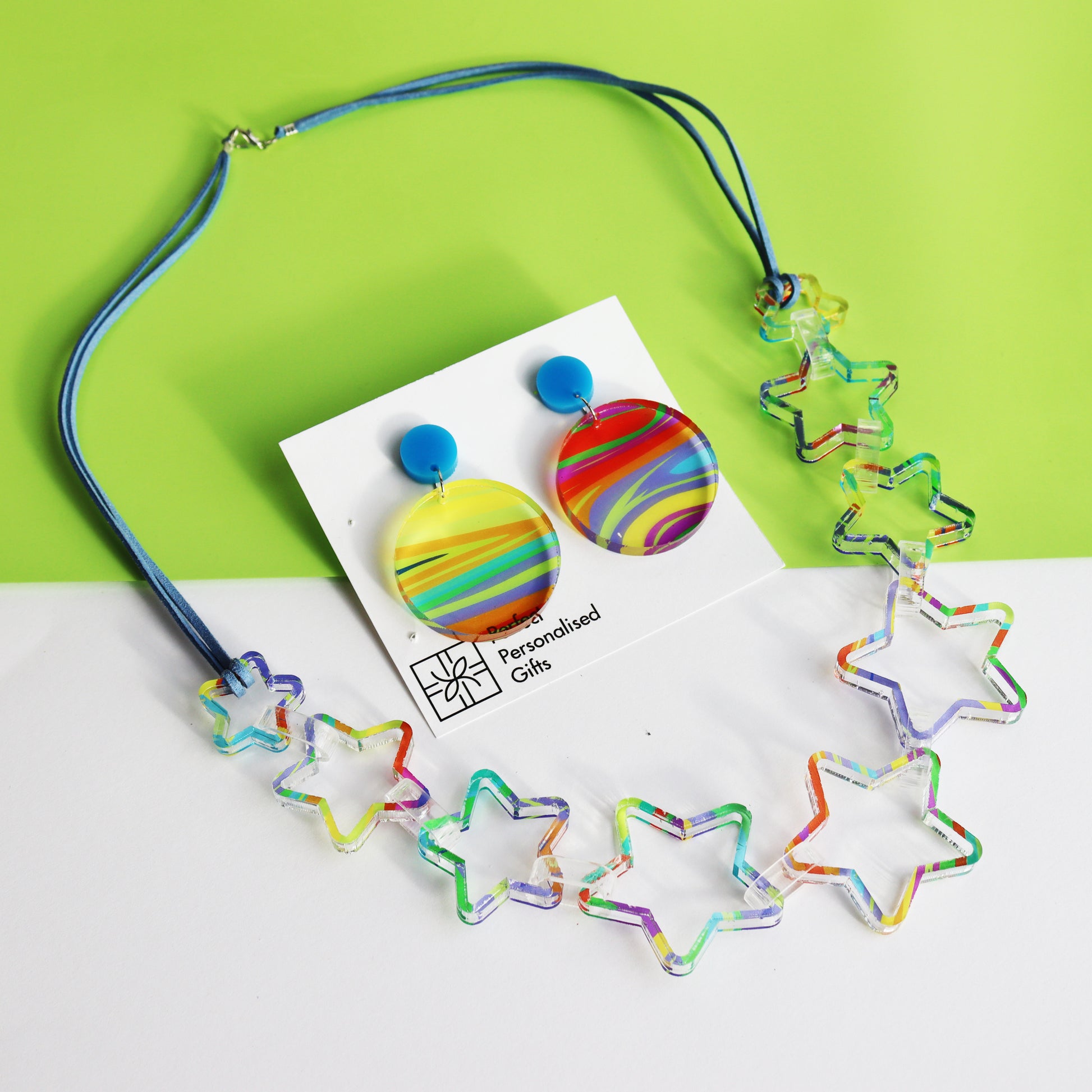 statement star printed acrylic geomtric colourful necklace with earrings