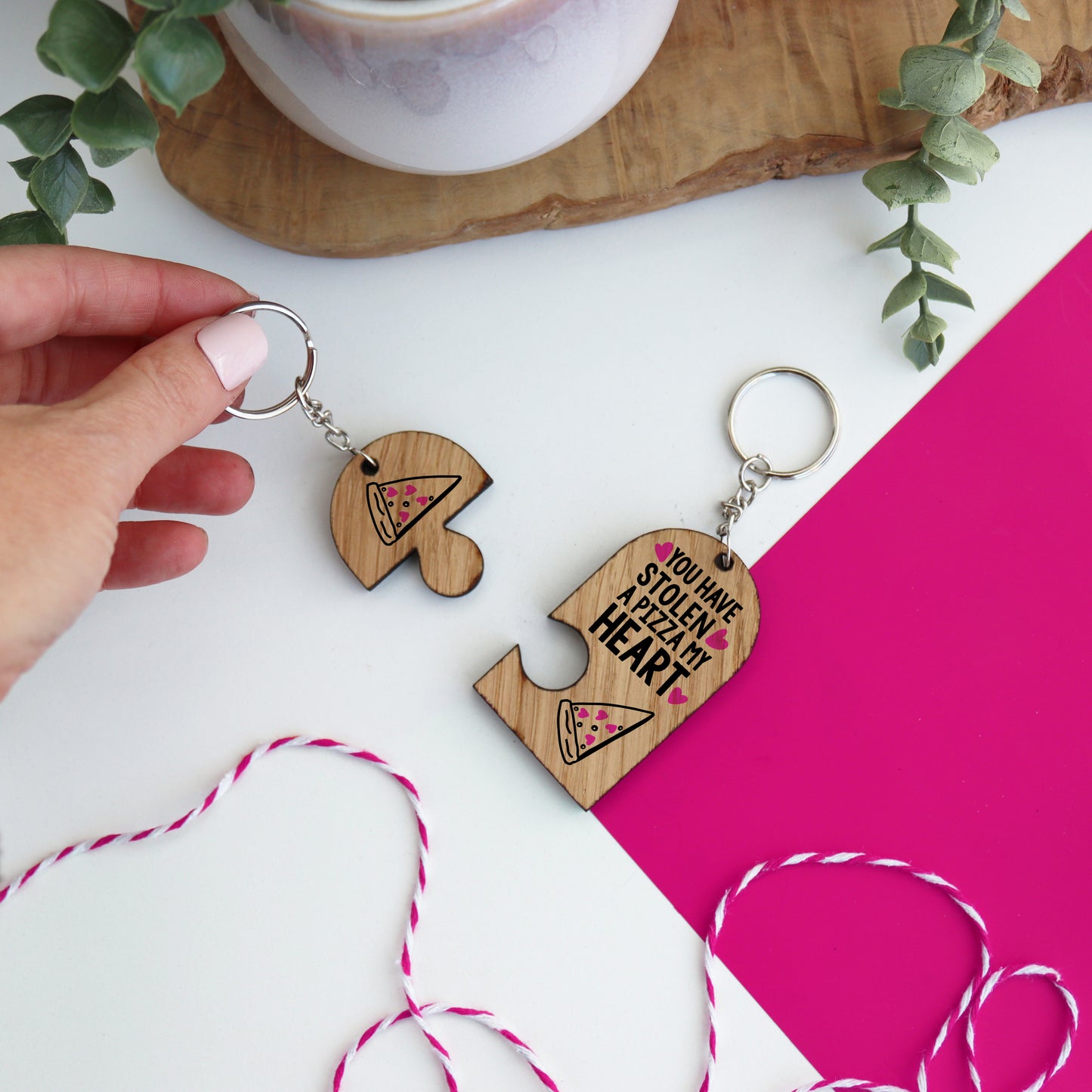 stolen a pizza my heart couples keyrings wooden valentines key ring with two parts cut from a heart shape