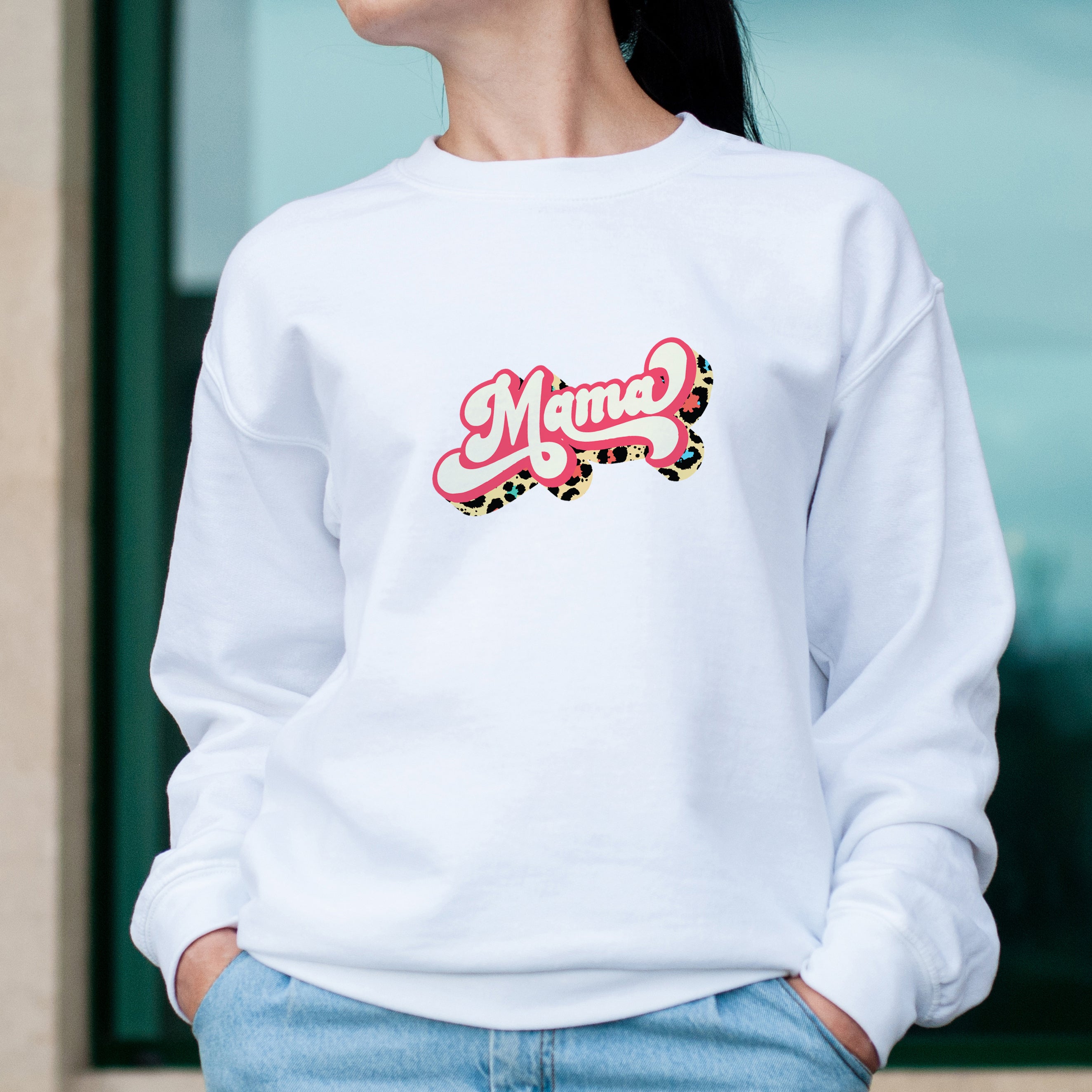Casual white soft jumper with Mama print paired with jeans