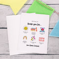 Personalised thank you teacher card with 'thank you for...' icons and added names