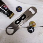 Steel teacher bottle opener with hero mask and 'Real heroes don't wear capes. They TEACH!'