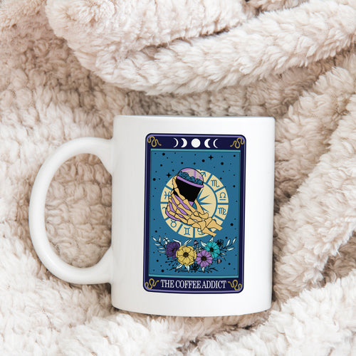 Coffee lover tarot mug with 'The coffee addict' tarot card design