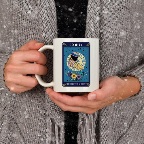 White coffee lover tarot reader mug with 'The coffee addict' card print