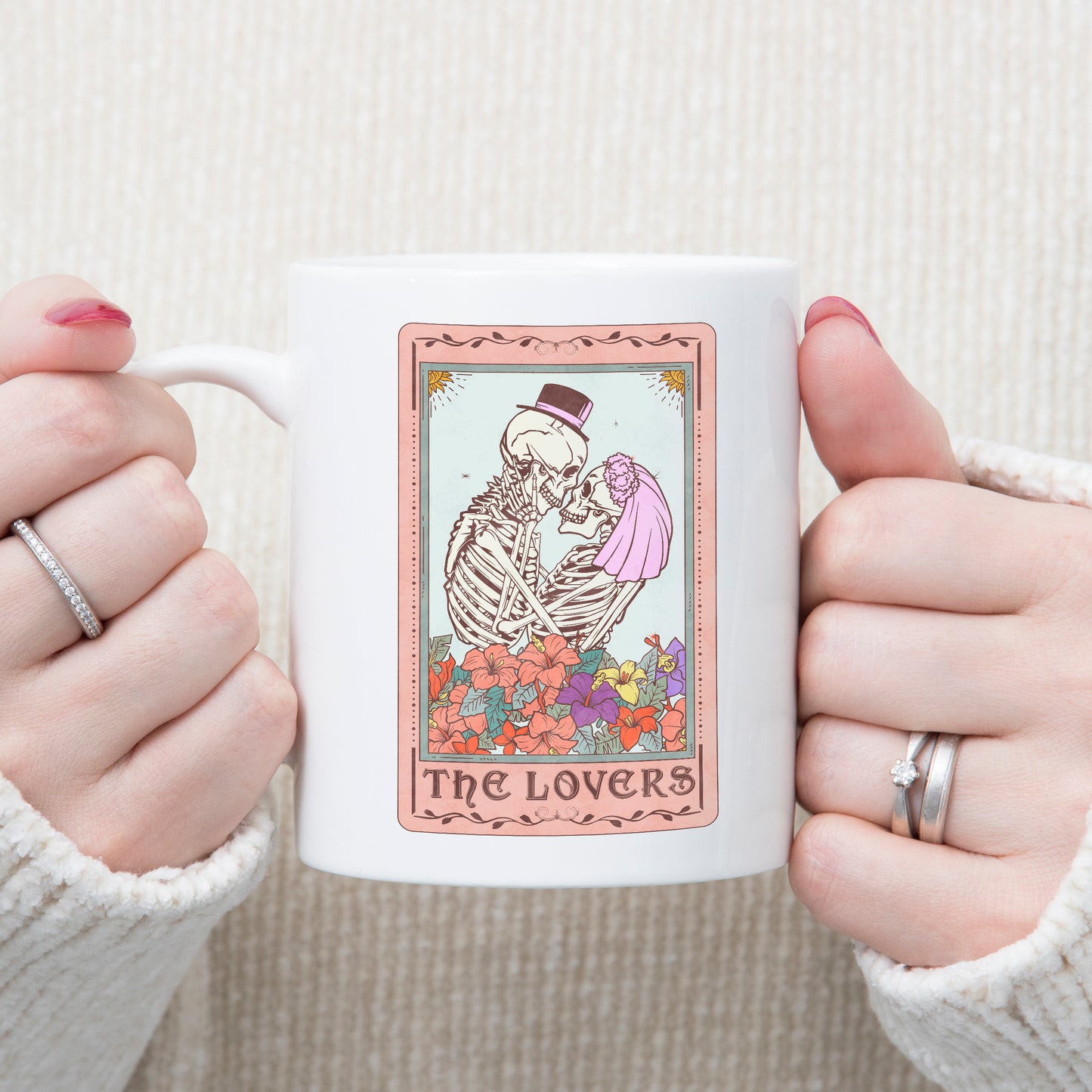 the lovers tarot card mug valentines mug gift for girlfriend white mug with the lovers tarot card skeletons
