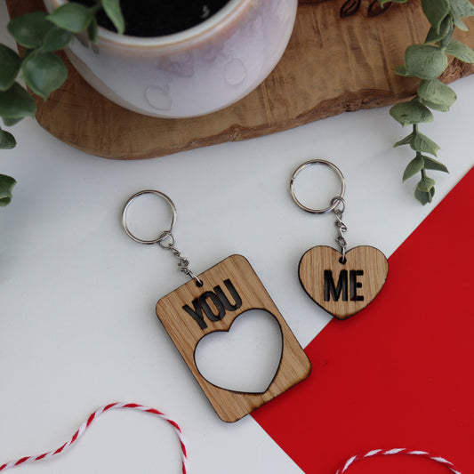 wooden you and me heart valentines couples key rings