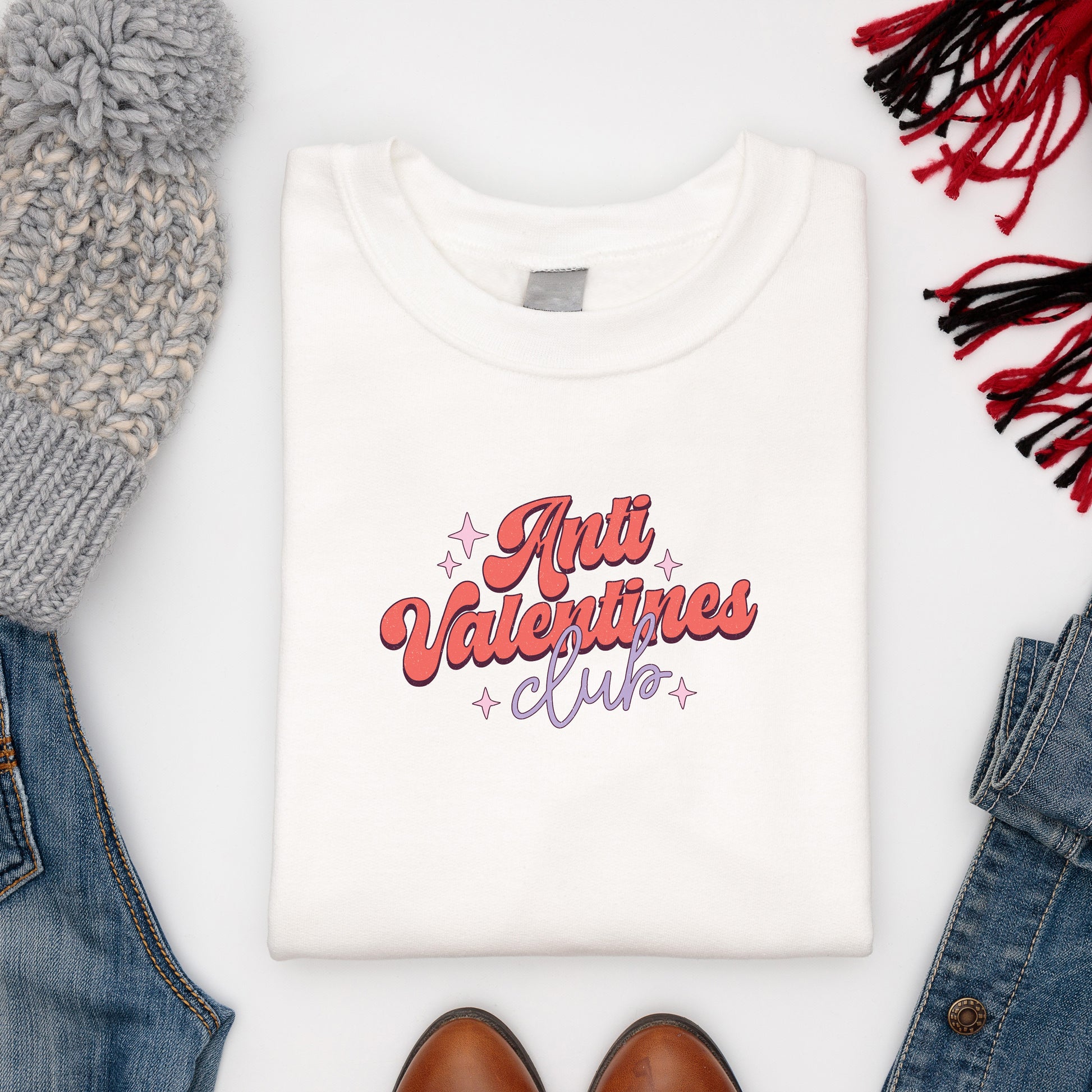 White anti valentine&#39;s sweatshirt paired with winter woollies