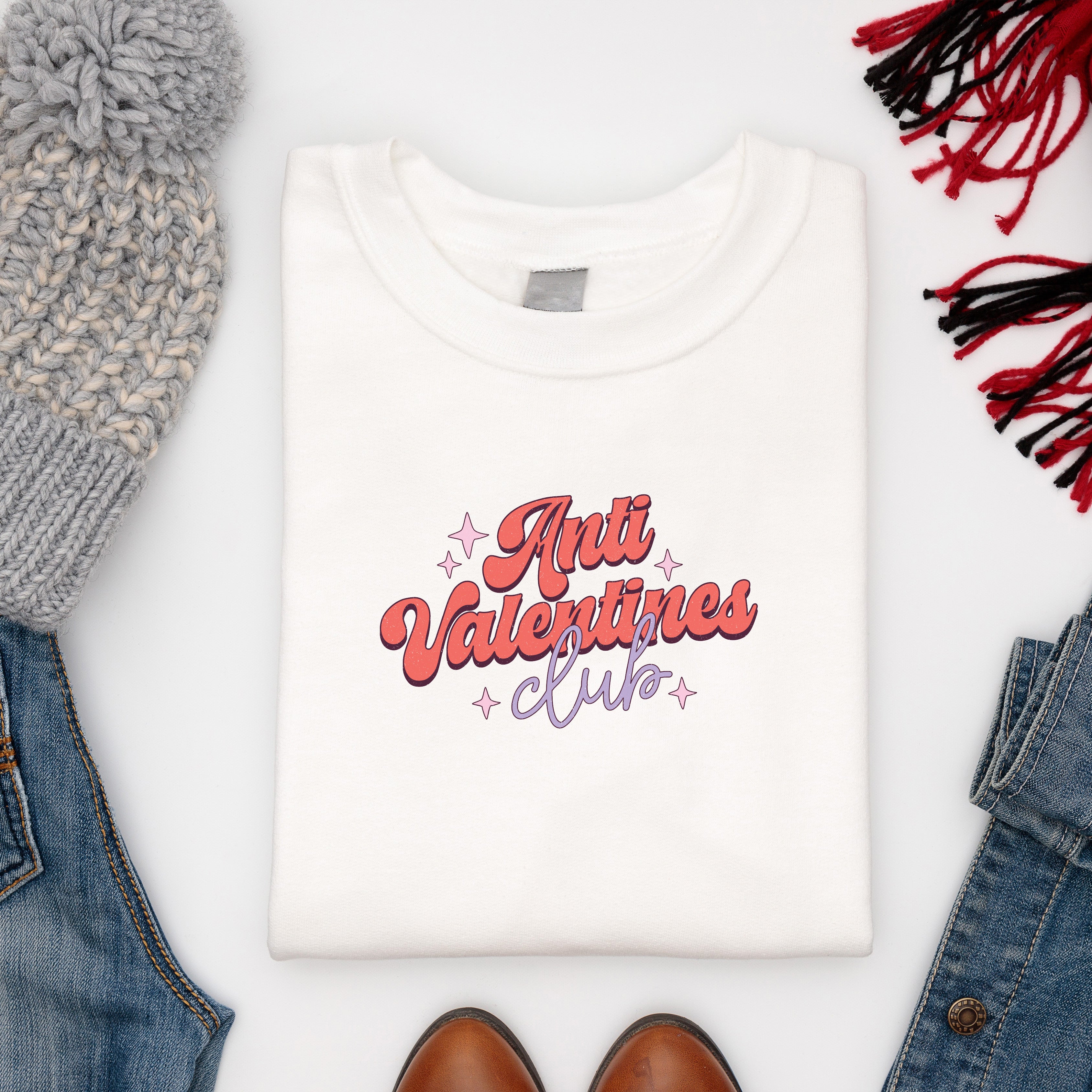 White anti valentine's sweatshirt paired with winter woollies