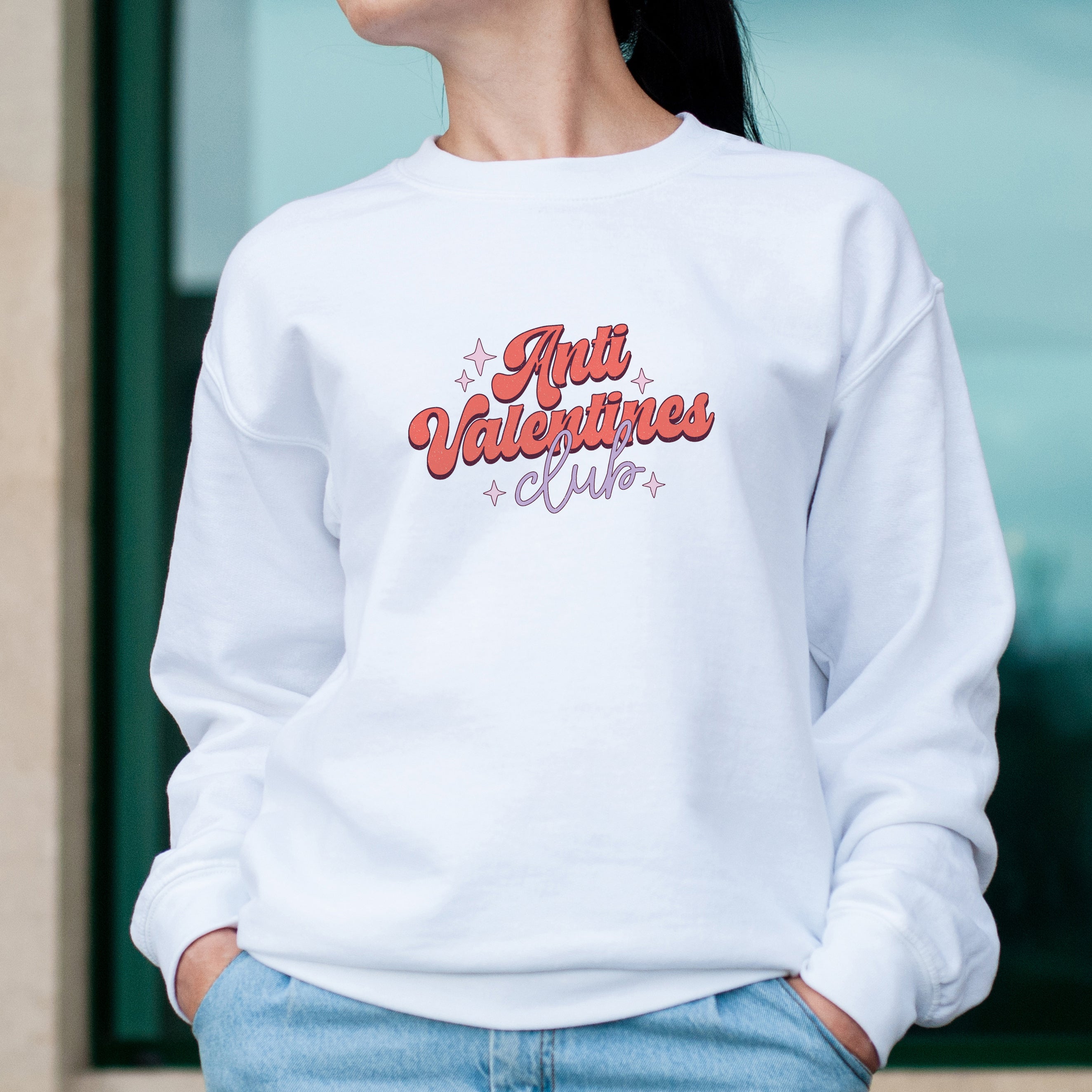 Casual white jumper with Valentine's design on model