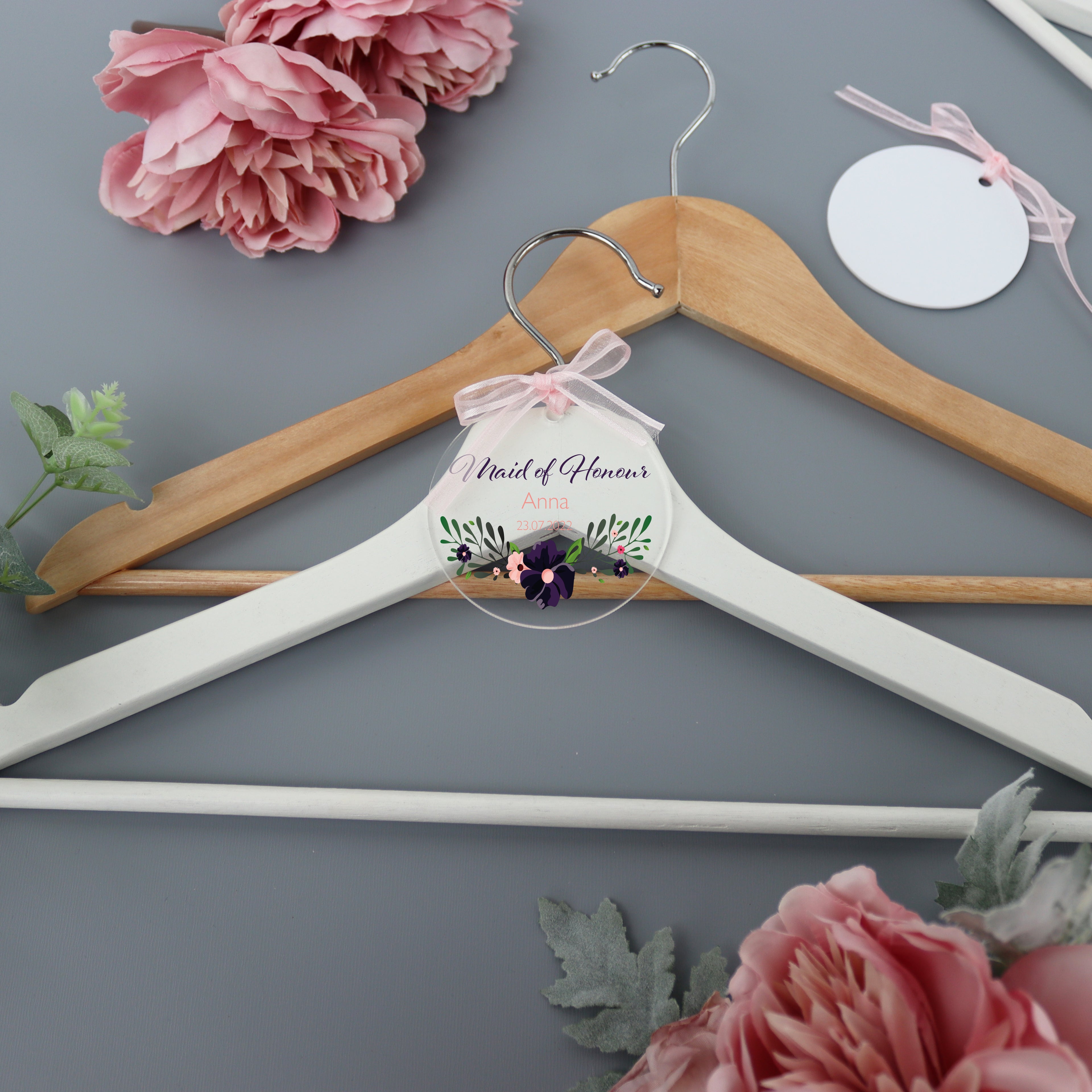 Personalised Clear Wedding Hanger Tag Purple