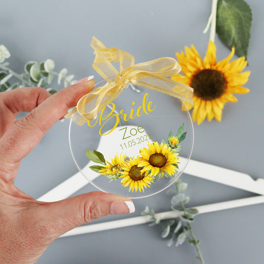 Personalised Clear Sunflower Wedding Hanger Tag