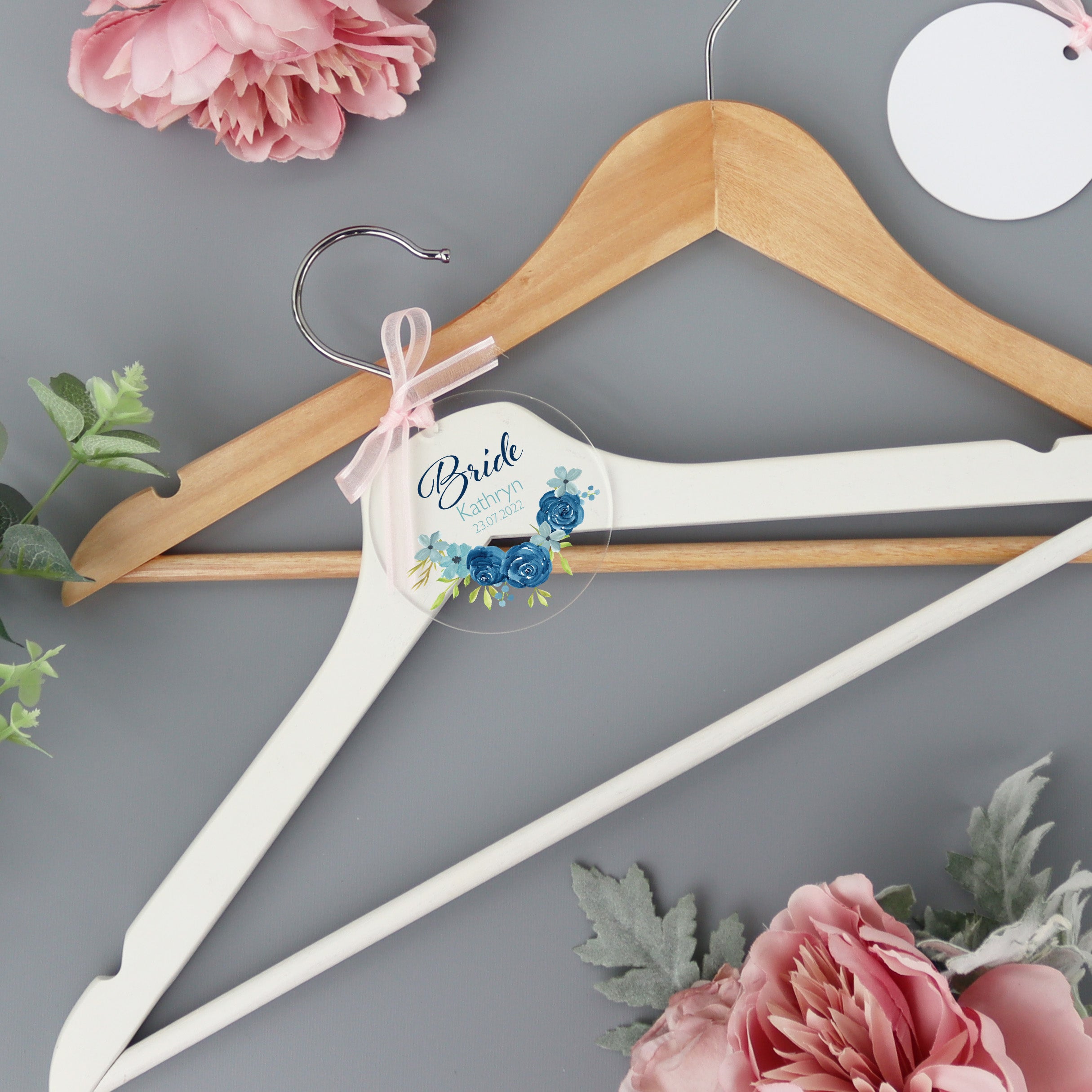 Personalised Clear Wedding Hanger Blue Rose