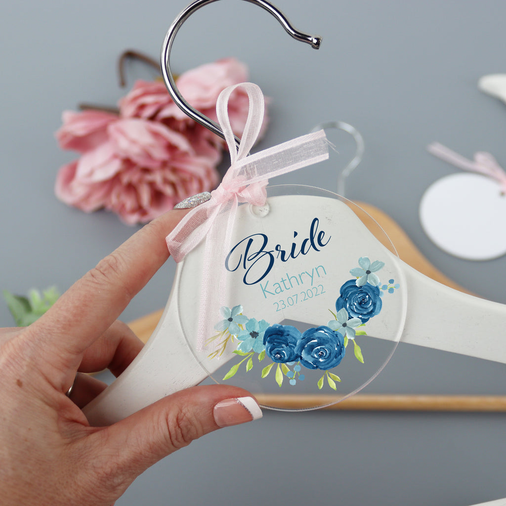 Personalised Clear Wedding Hanger Blue Rose