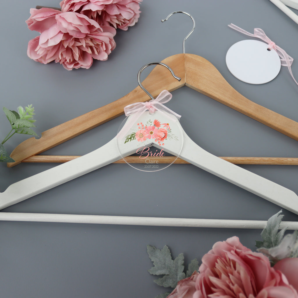 Personalised Clear Wedding Hanger Tag Peach And Pink