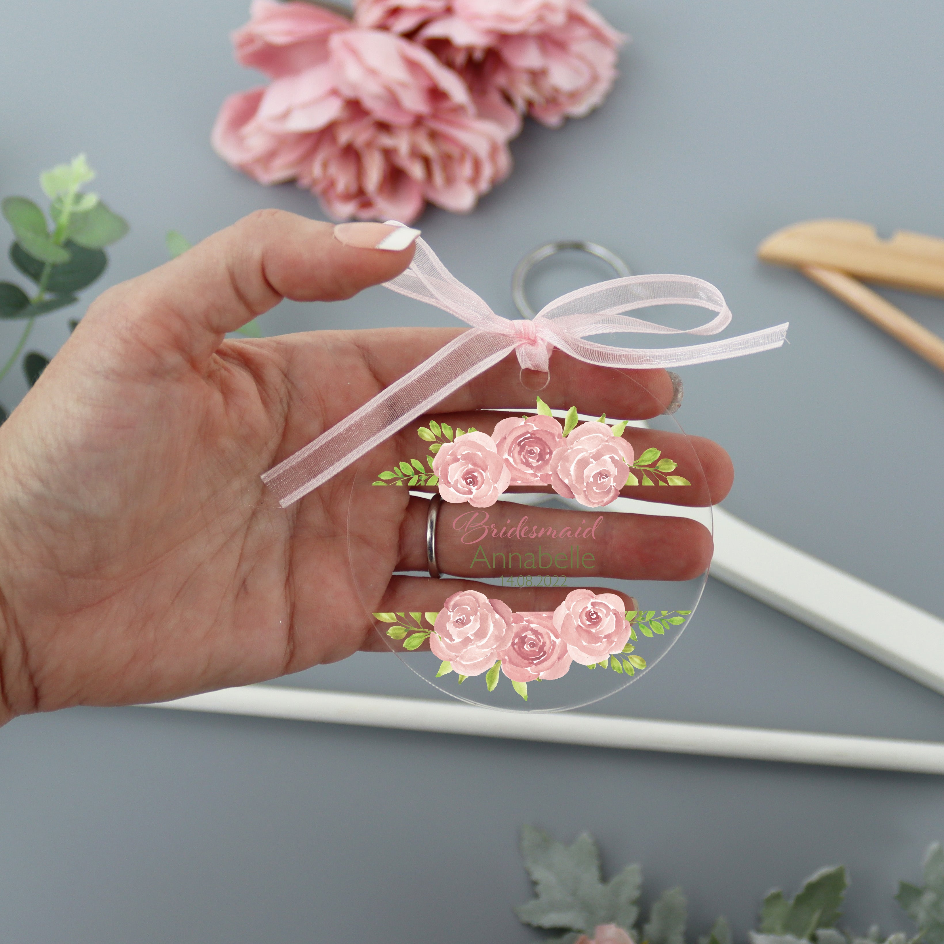 Personalised Clear Wedding Hanger Pink Rose