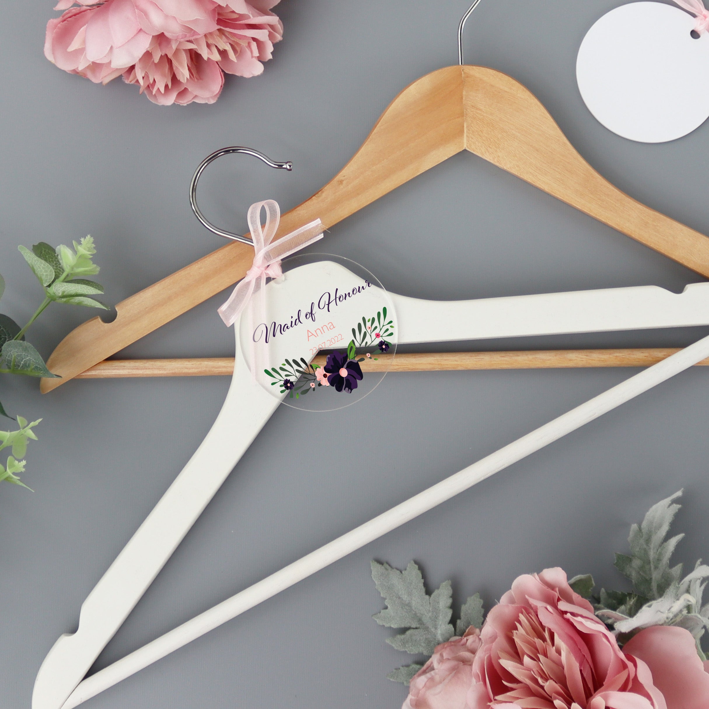 Personalised Clear Wedding Hanger Tag Purple