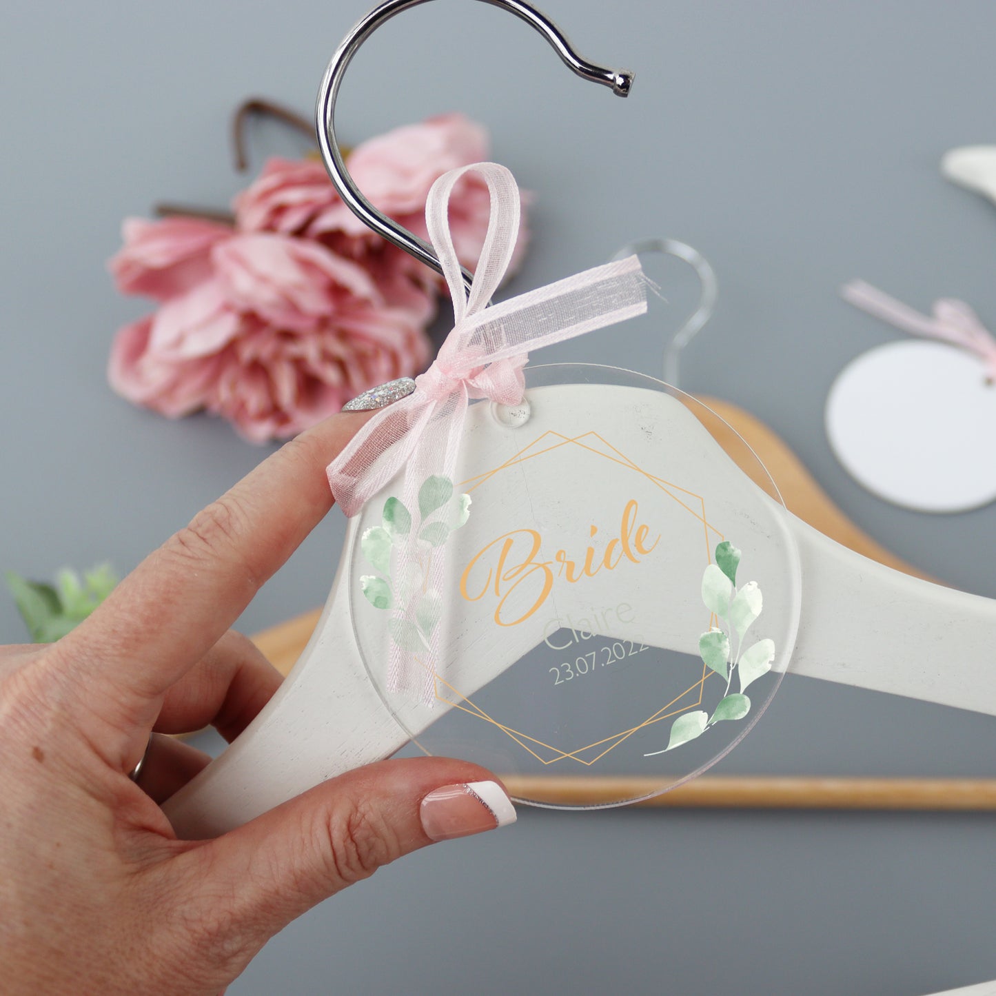 Personalised Clear Wedding Hanger Tag Botanical