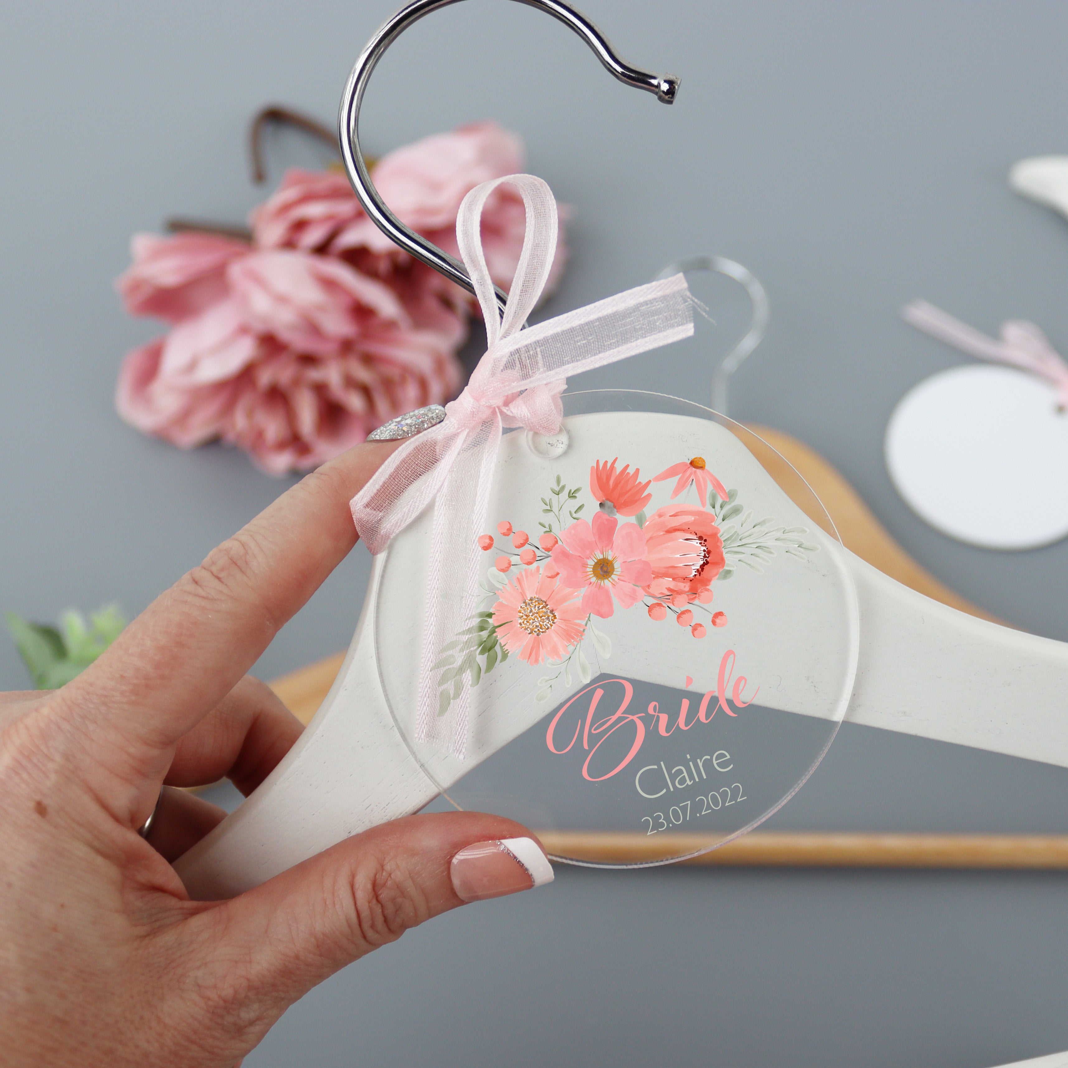 Personalised Clear Wedding Hanger Tag Peach And Pink